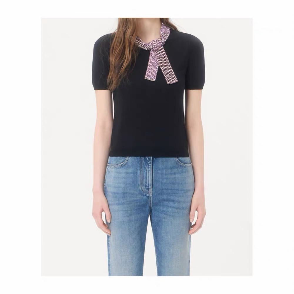 Valen 26fw rhinestone ribbon knit top