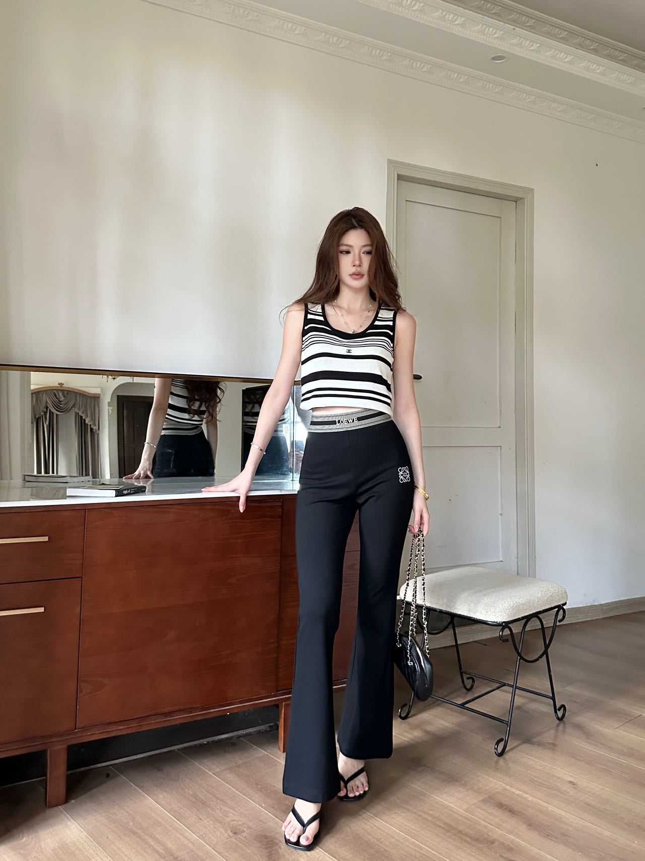 Loe 26fw contrast-stripe waistband flared Pants