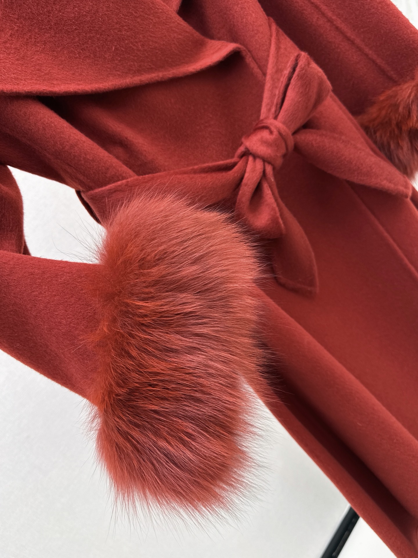 Chan 26fw belted long coat with fur-effect cuffs