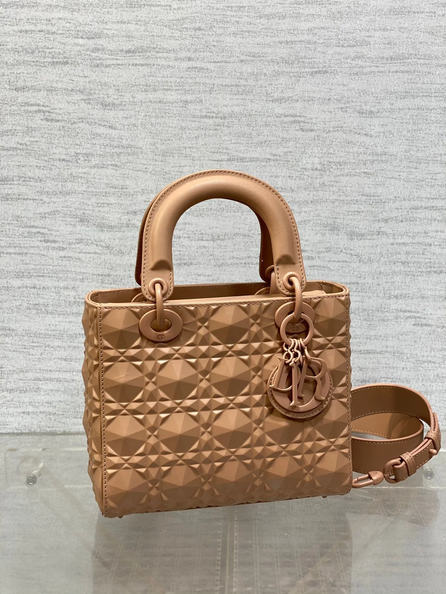 DO Mini Lady Bag  Matte Pink Diamond Pattern Calfskin
