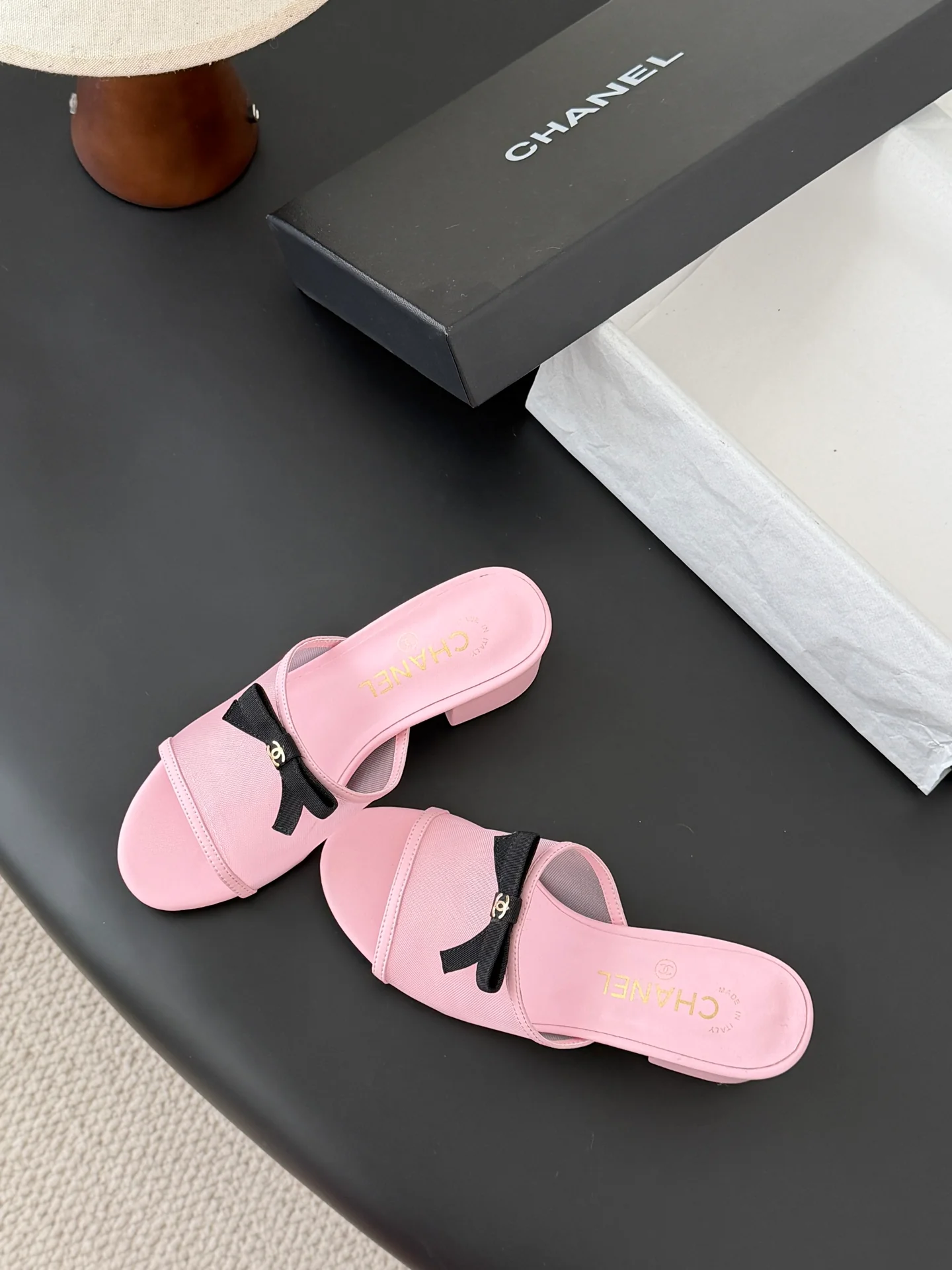 Chan 26ss bow mesh chunky heels slides