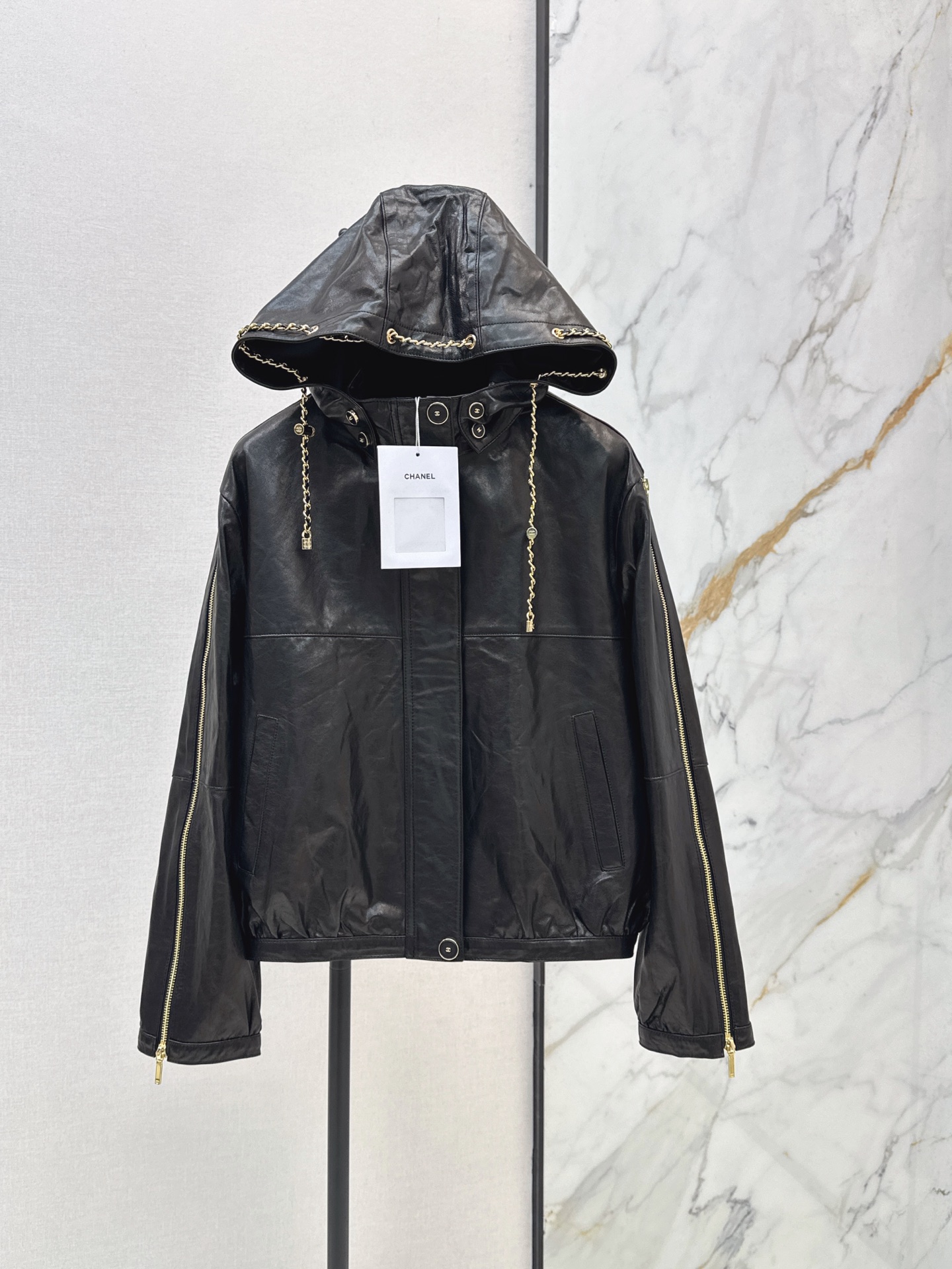Chan 26ss leather hooded jacket
