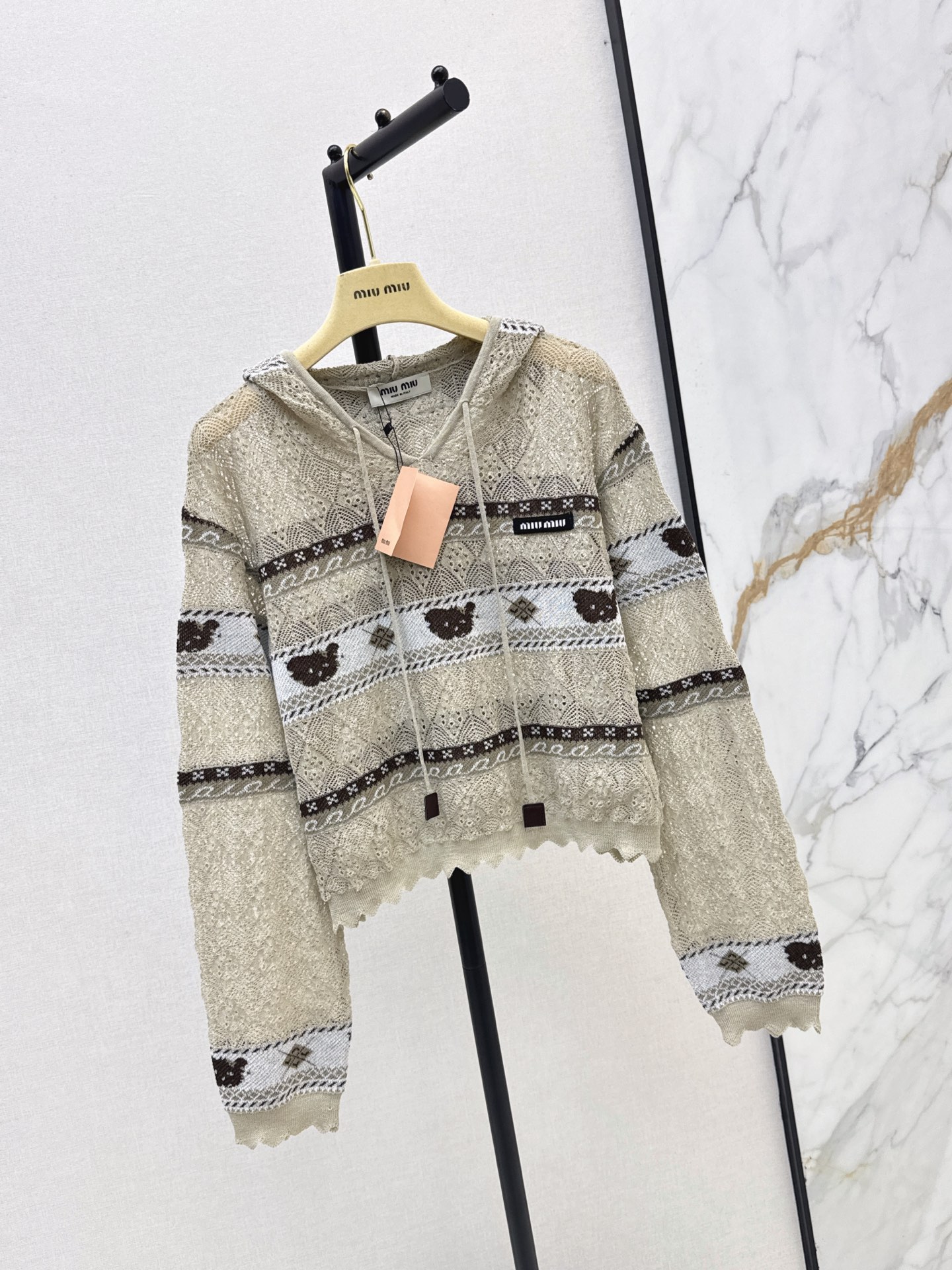 Miu 26fw jacquard hooded knit sweater