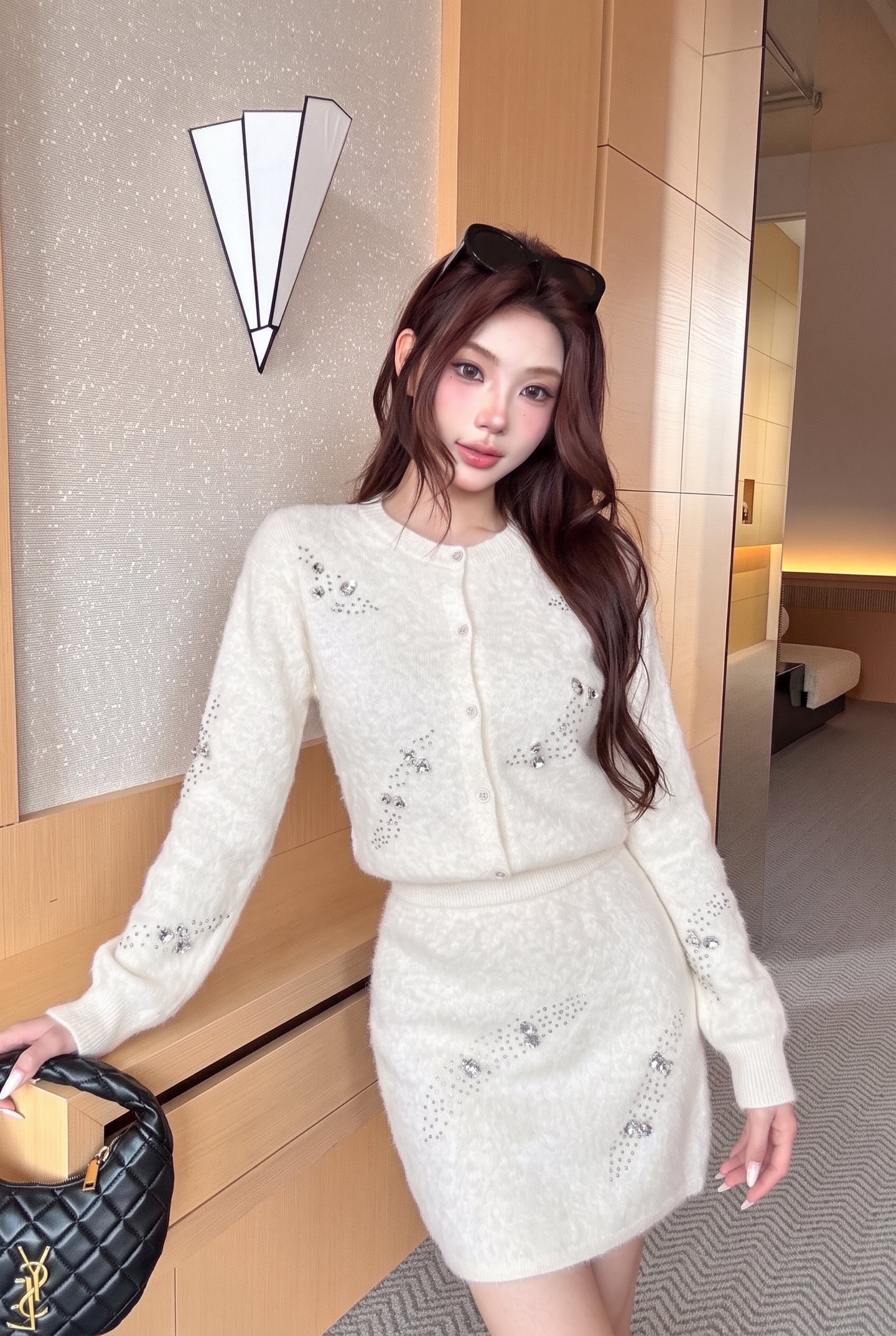 Miu 26fw beading sequin knit sweater skirt sets