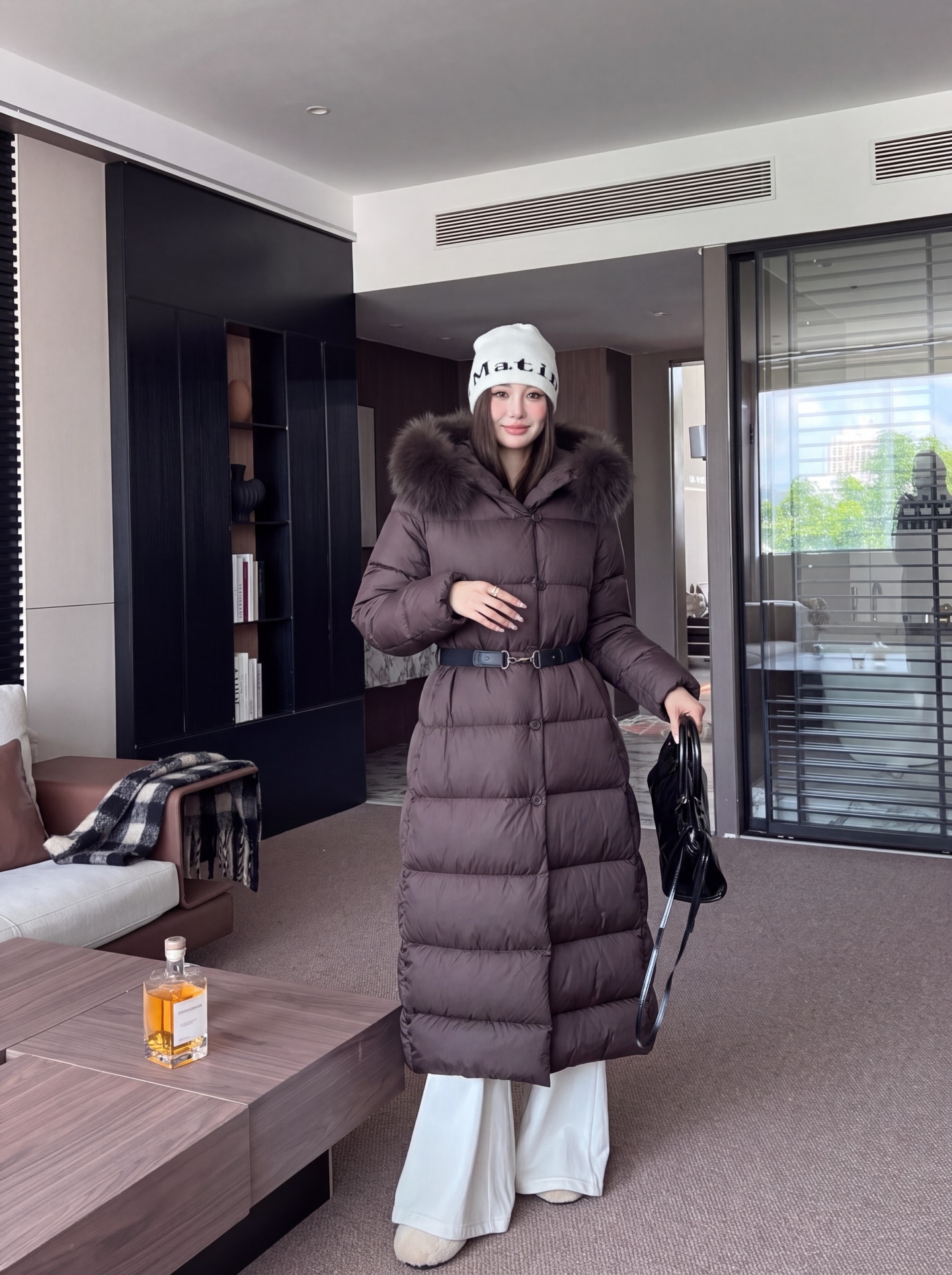 Max 26fw belted hooded down jacket