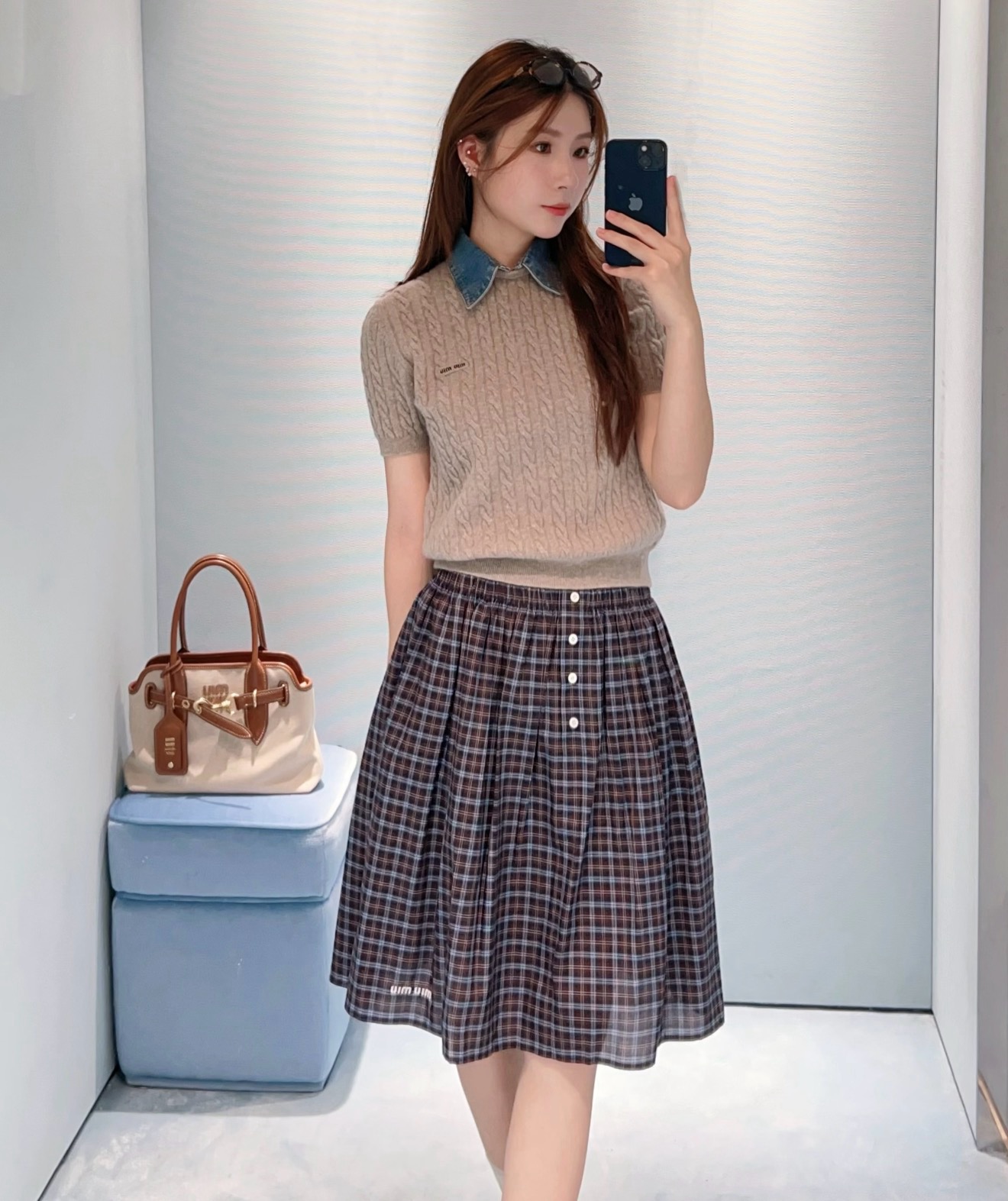 Miu 26fw denim collar knit top