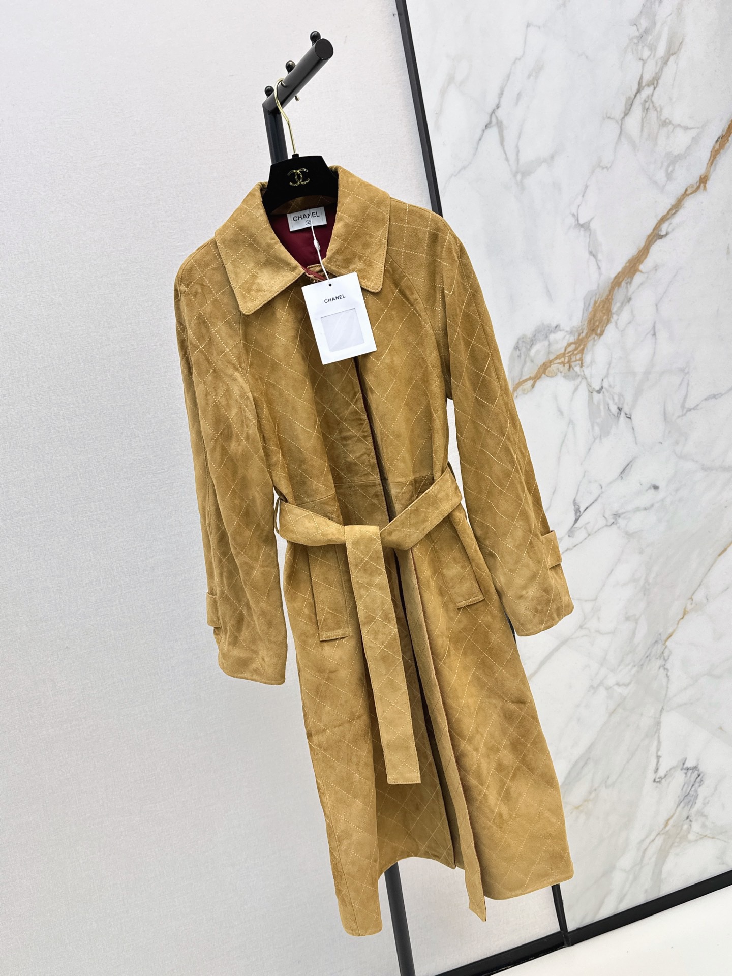 Chan 26fw suede fleece belted long jacket