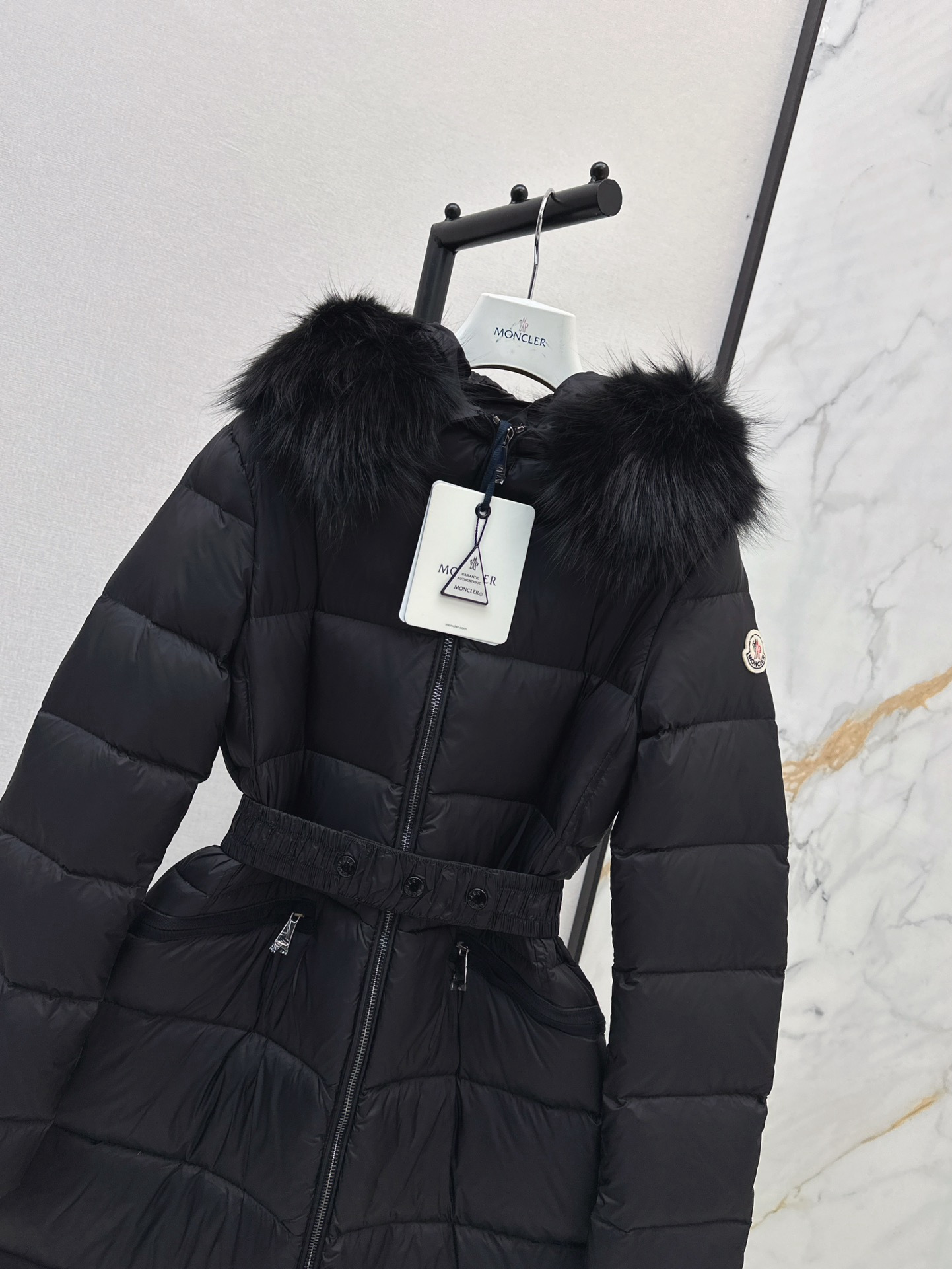 Monc 26fw belted hooded long down jacket