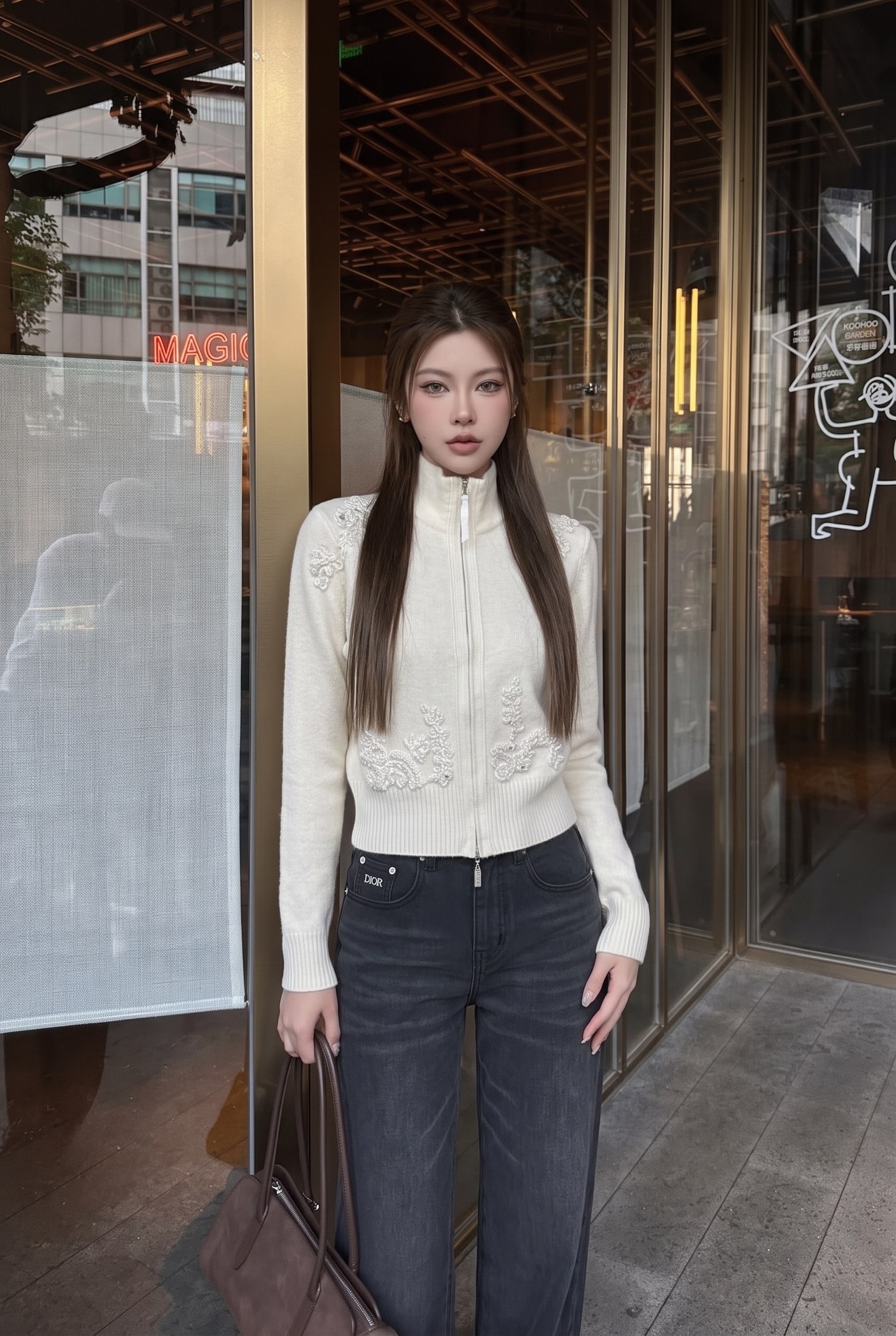 Brun 26fw embroidery zipper cardigan