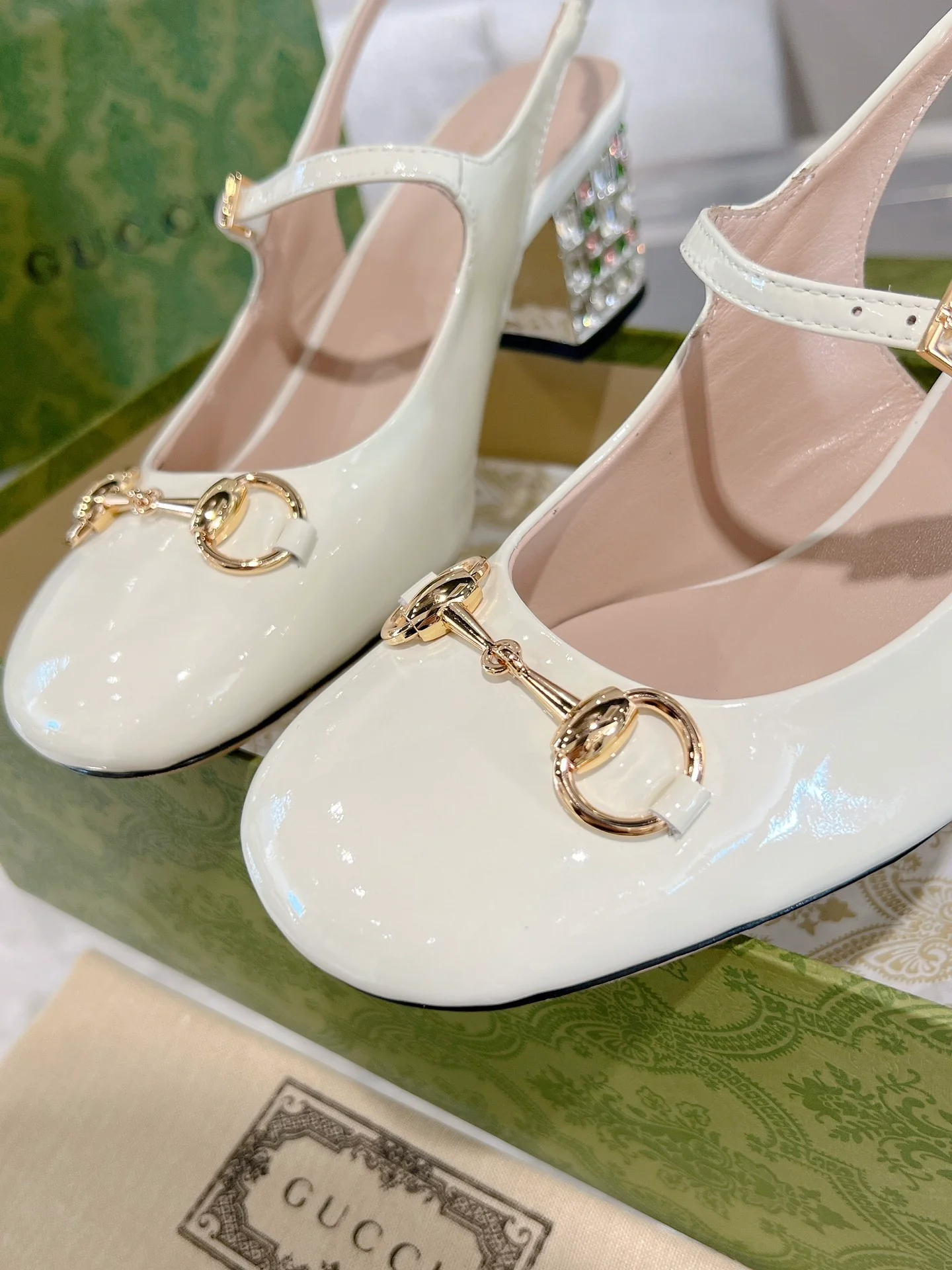 Gucc 26ss rhinestone slingback chunky heel