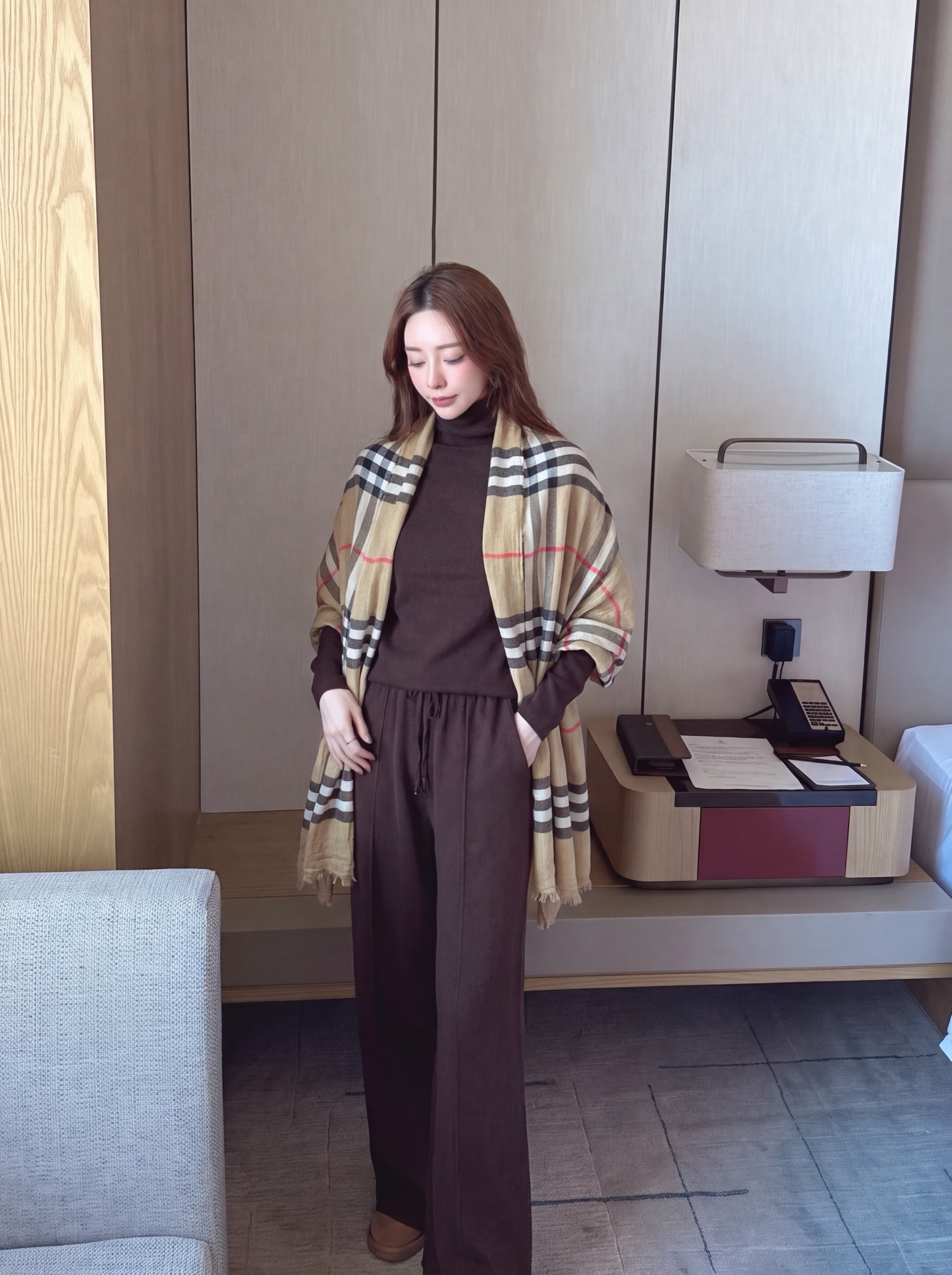 Bur 26fw knit basic tee check shawls pants set