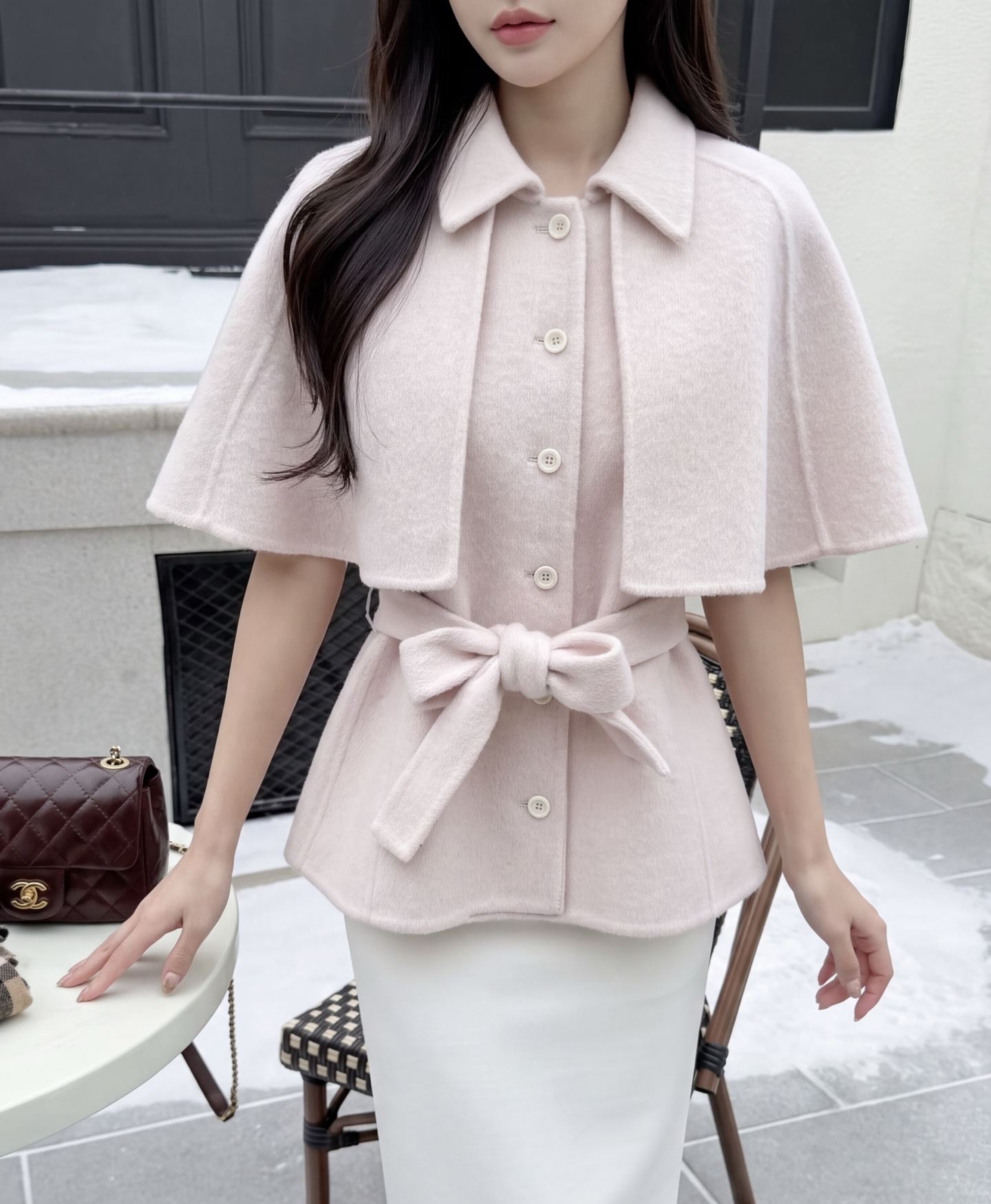 Chan 26fw woolen belted vest cape jacket sets