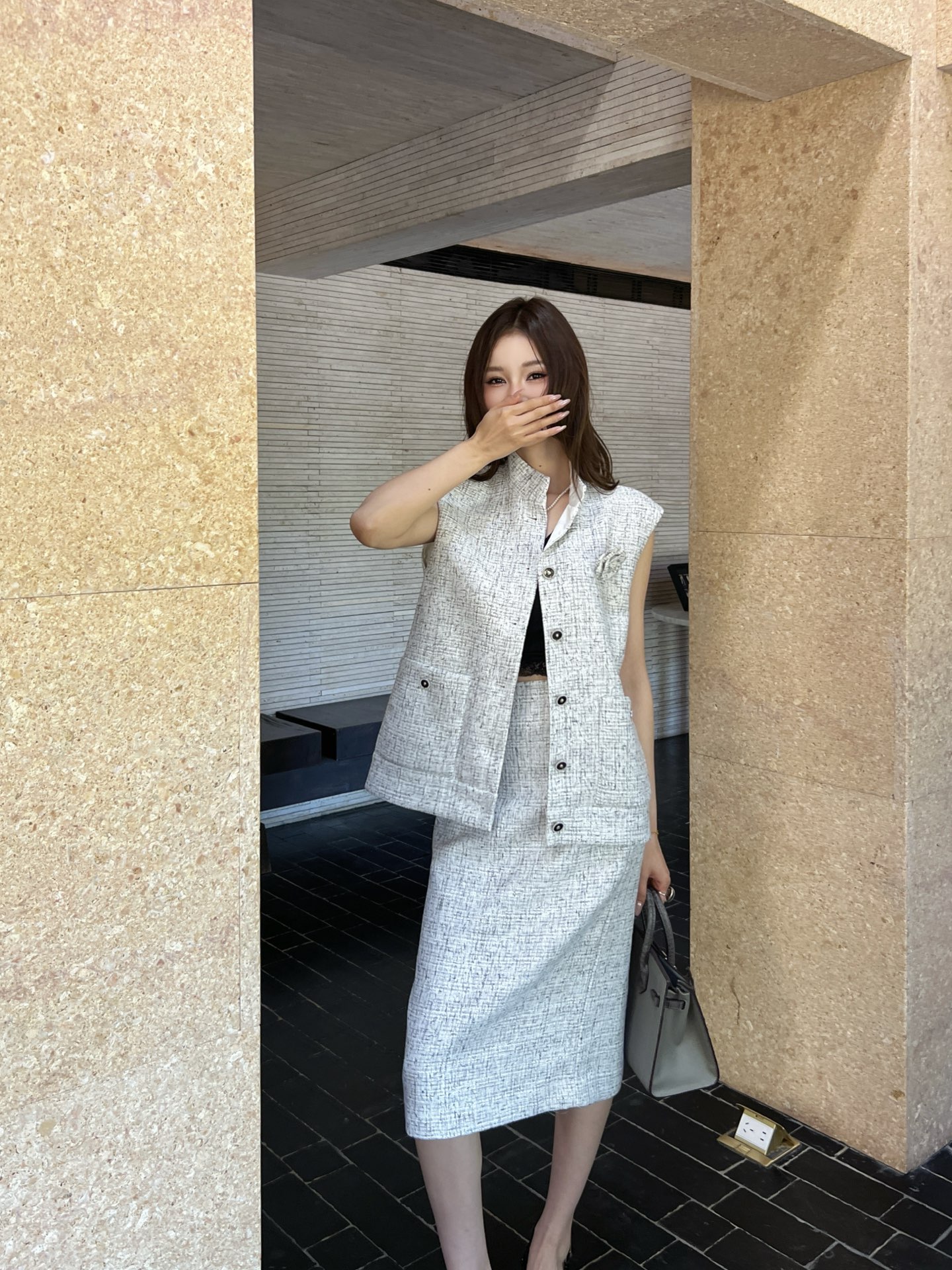 Chan 26ss woven vest skirt sets
