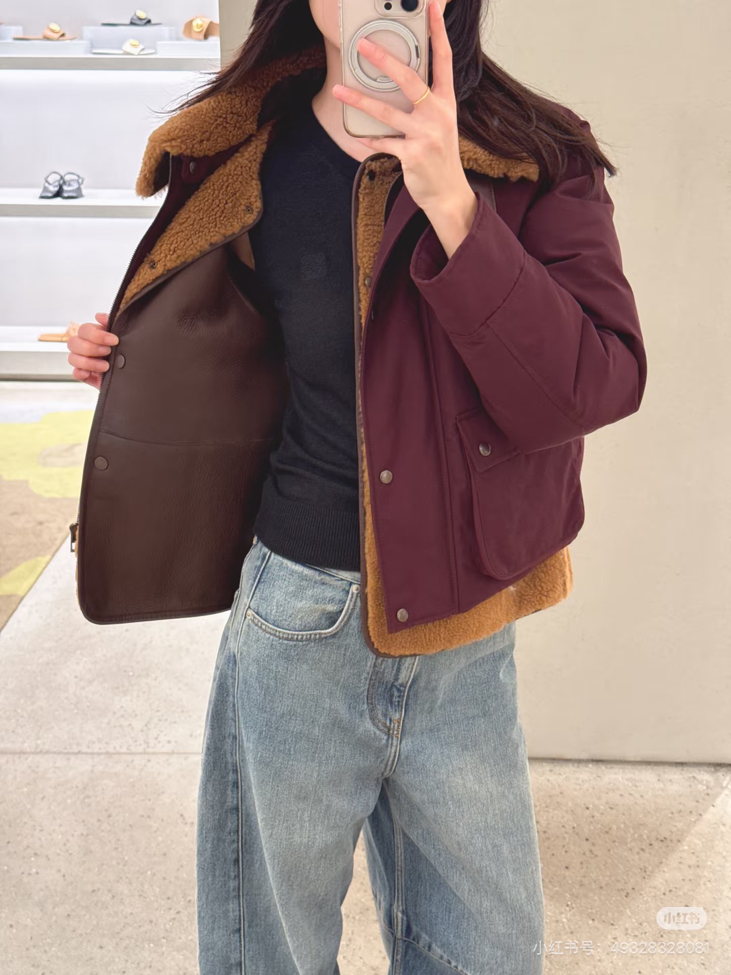 Loe 26fw sherpa-collar down jackey with detachable teddy-fleece vest