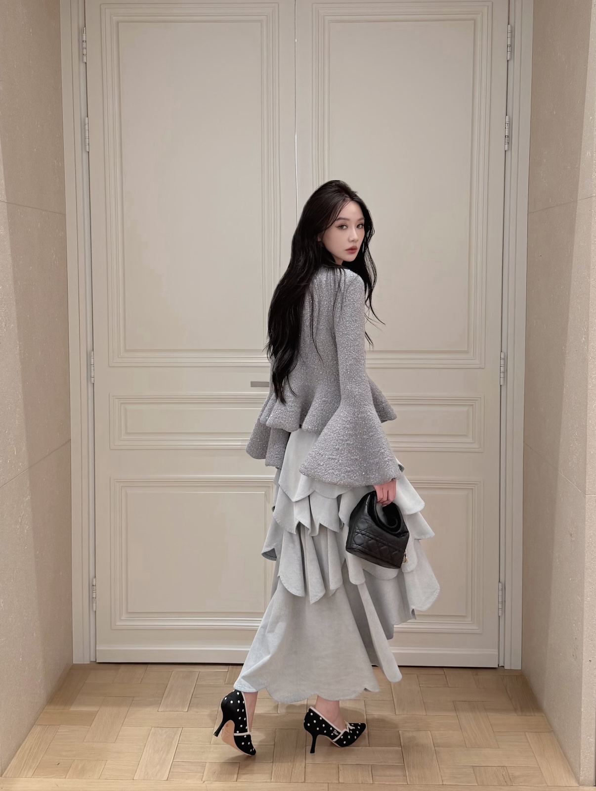 CD 26fw iridescent sequin bell-sleeve peplum knit jacket