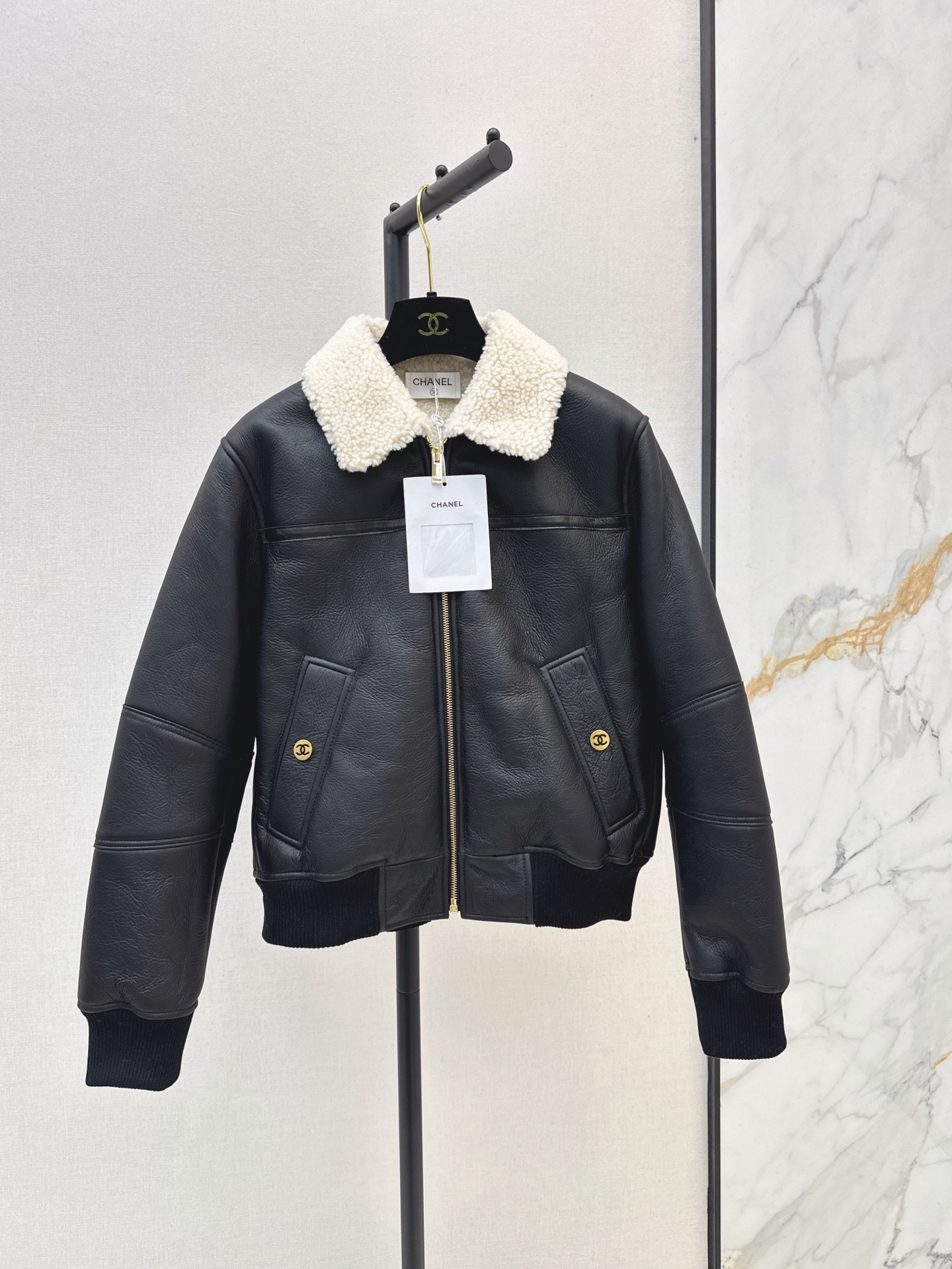 Chan 26fw leather look bomber jacket