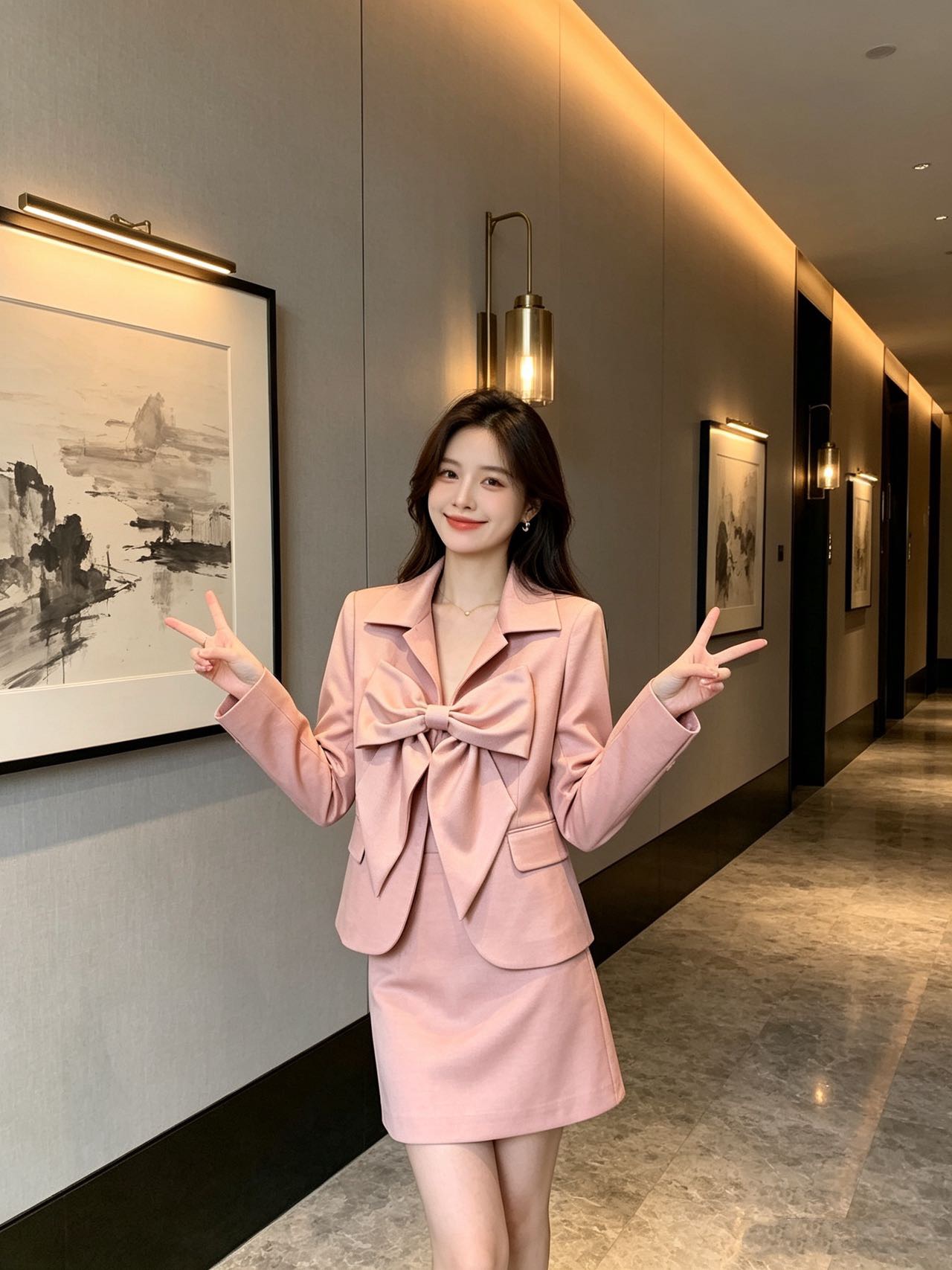 Chan 26fw bow blazer A-line skirt sets