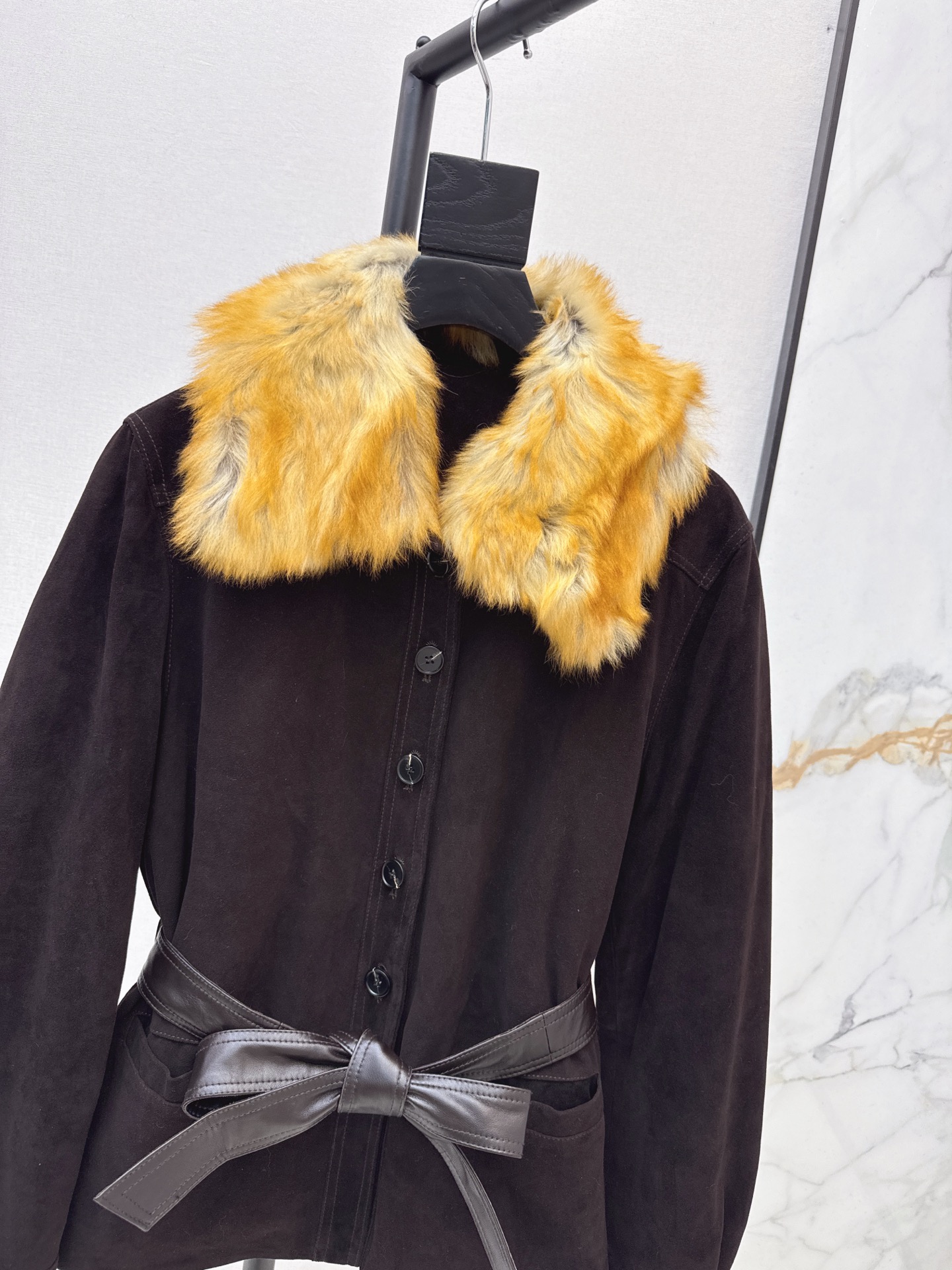 Sain 26fw suede fleece belted leather jacket