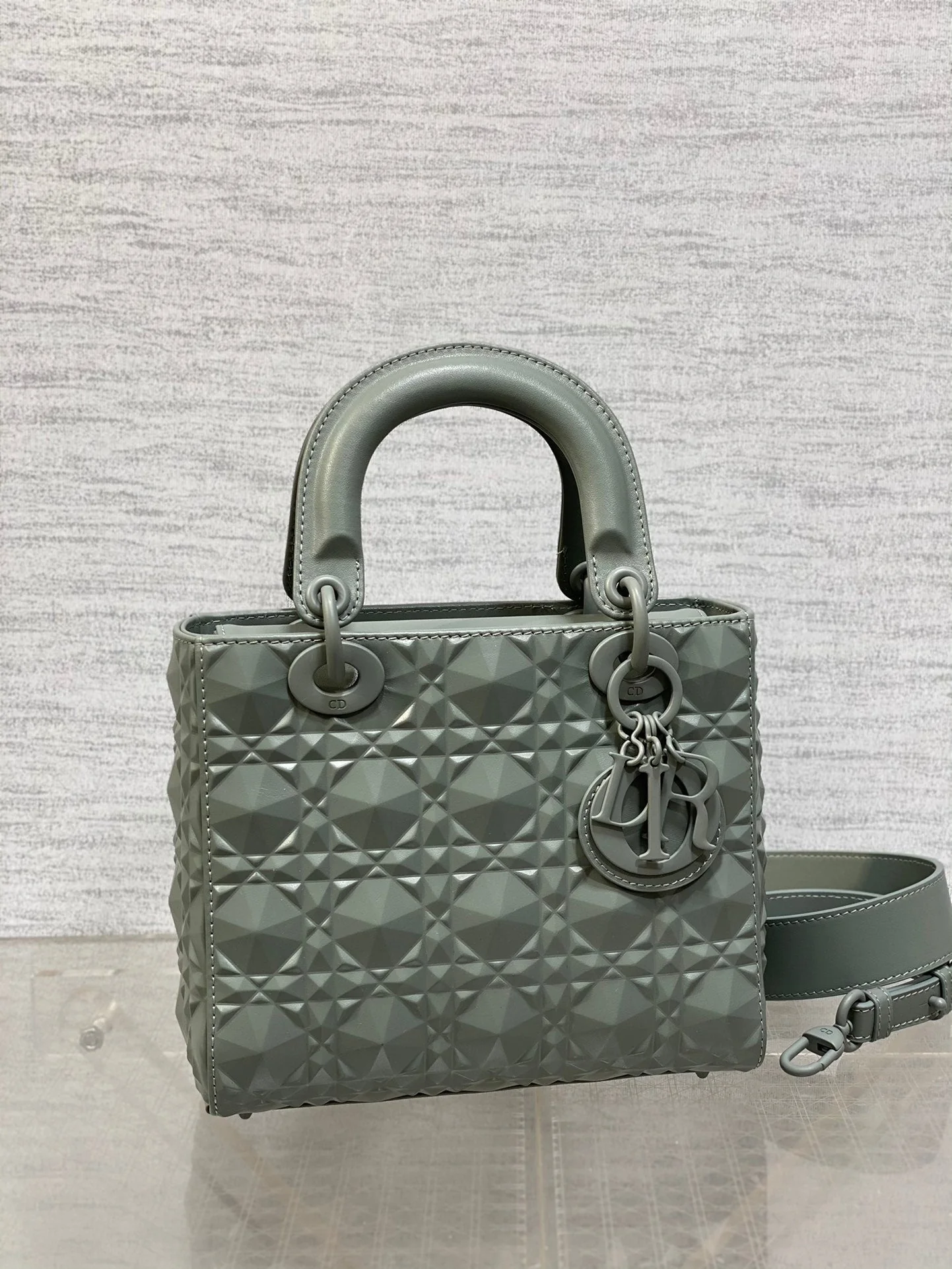 DO Mini Lady Bag  Stone Gray Diamond Pattern Calfskin