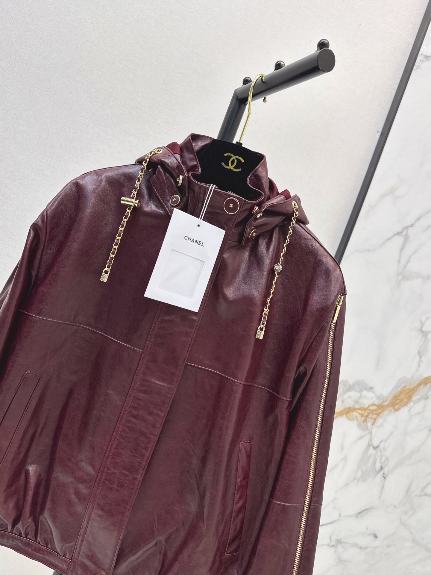 Chan 26ss leather hooded jacket