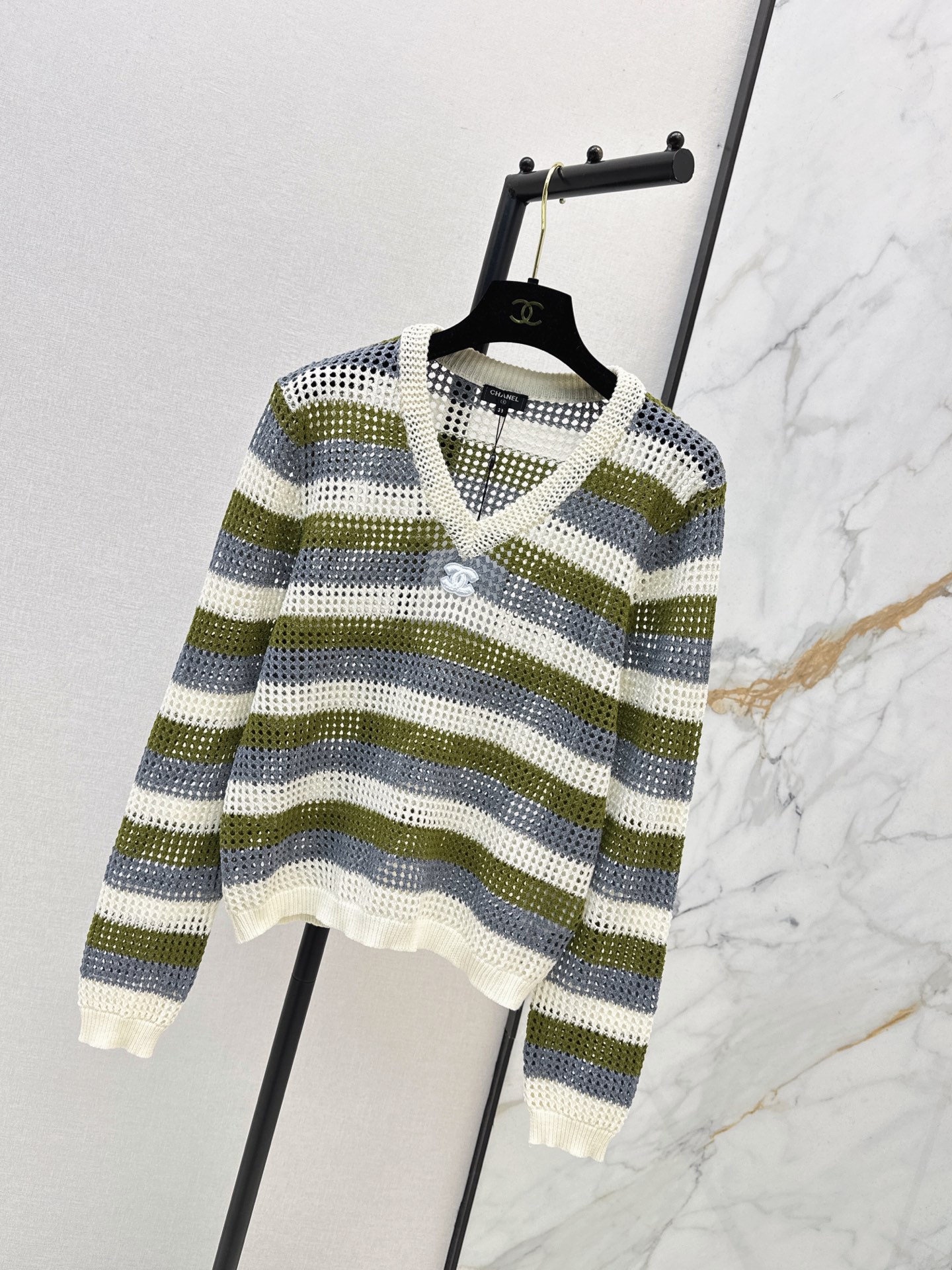 Chan 26fw stripe hollow knit sweater