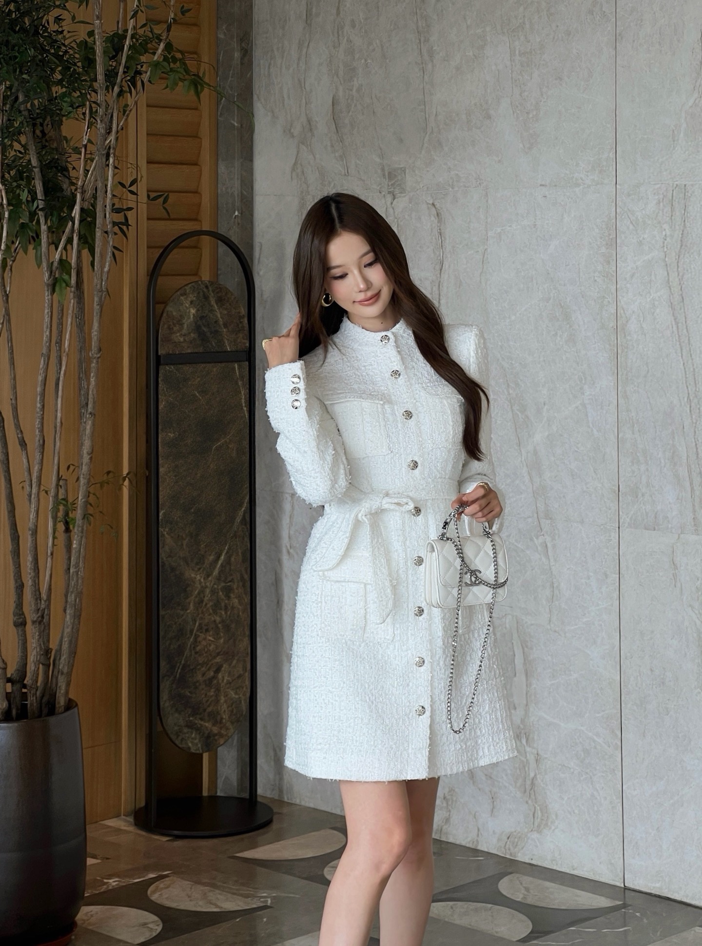 Chan 26fw woven tweed belted jacket