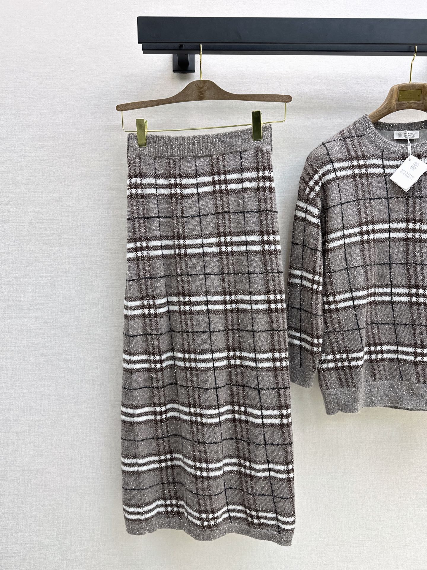 Brun 26fw check sweater skirt sets