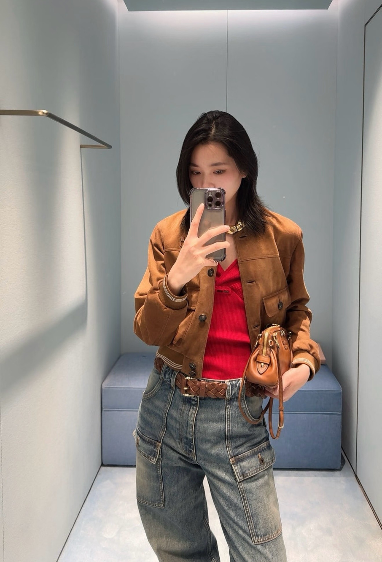 Miu 26fw cropped suede leather jacket