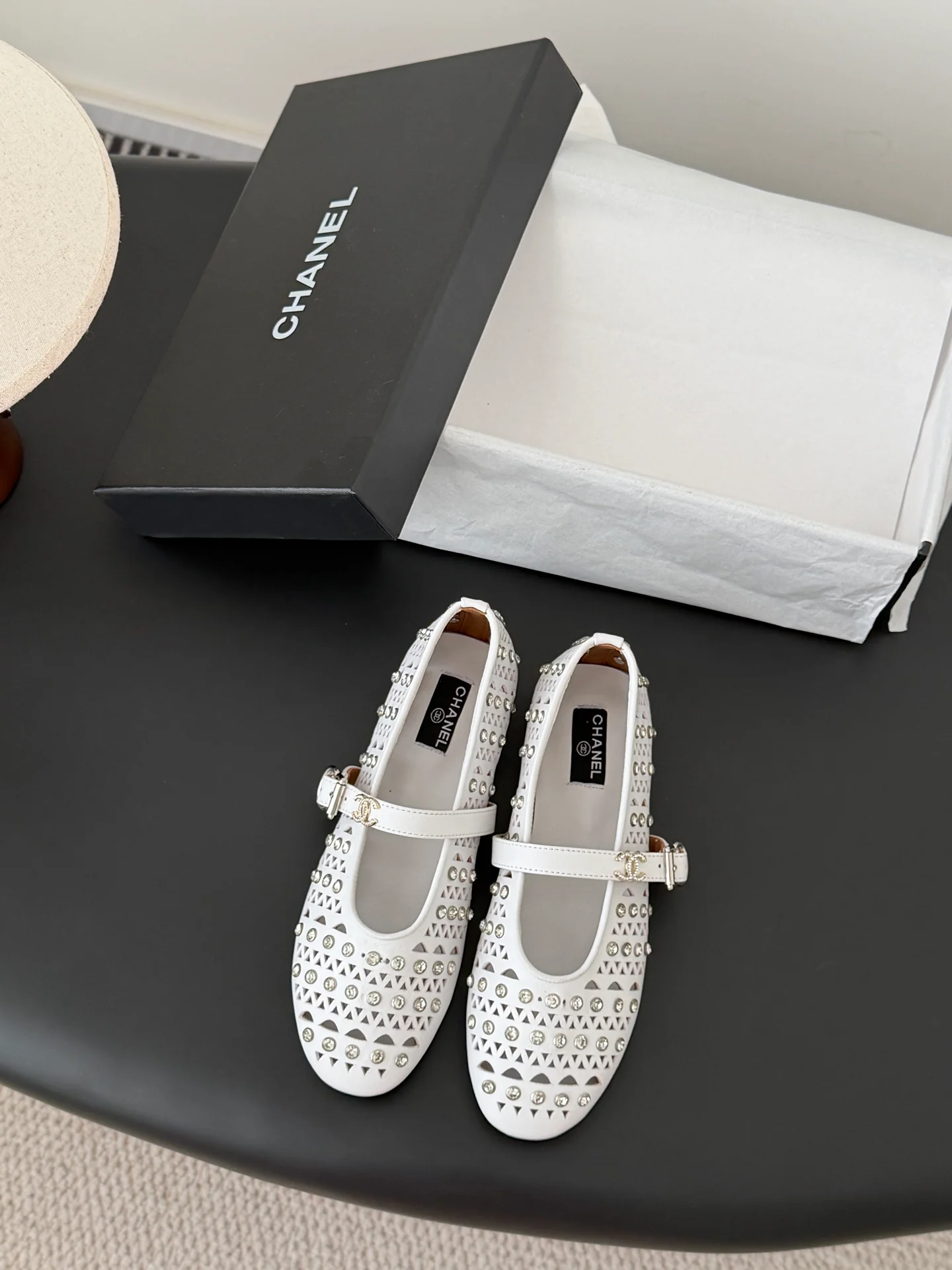 Chan 26ss mary jane hollow rhinestone shoes