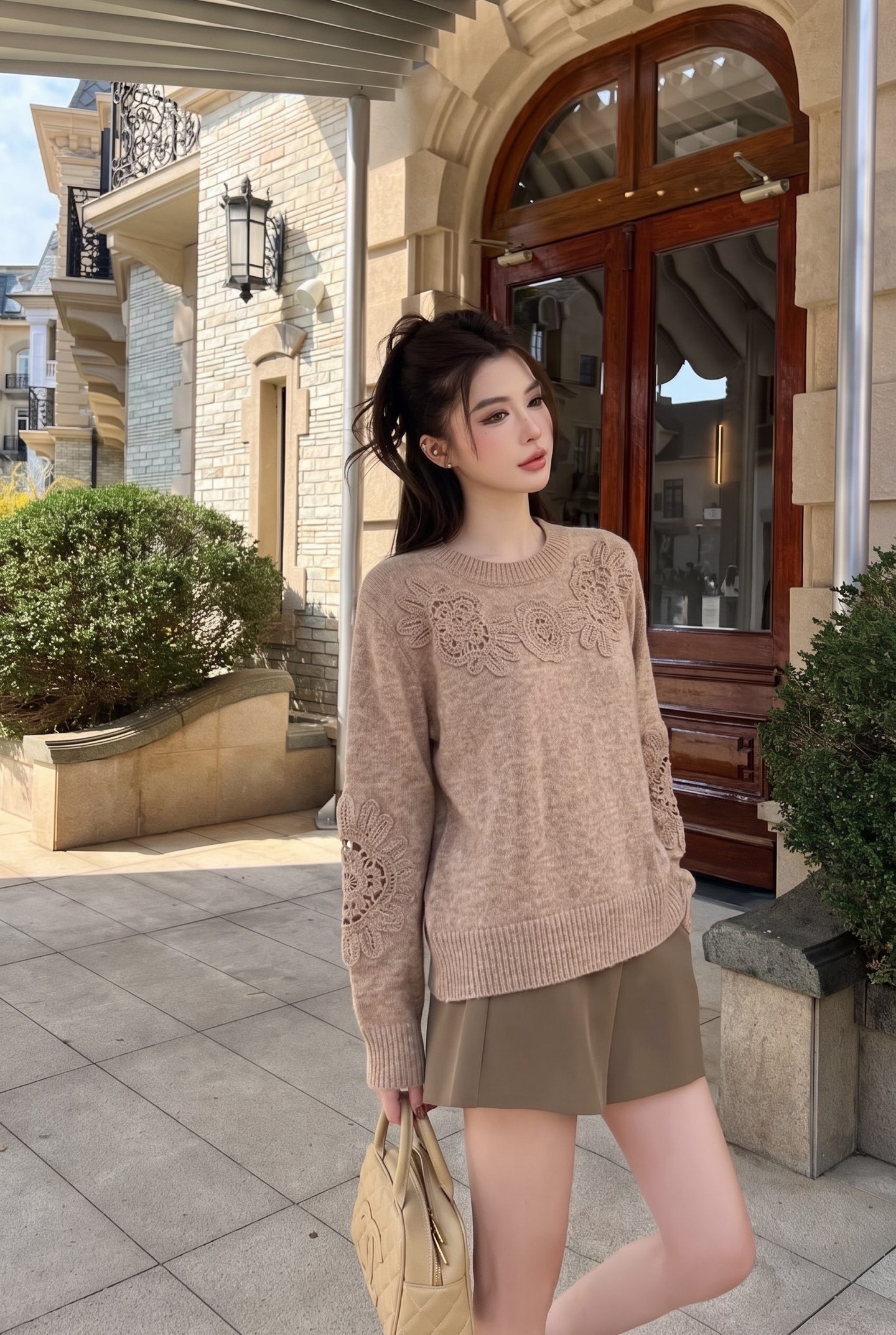 Brun 26fw hollow contract knit sweater