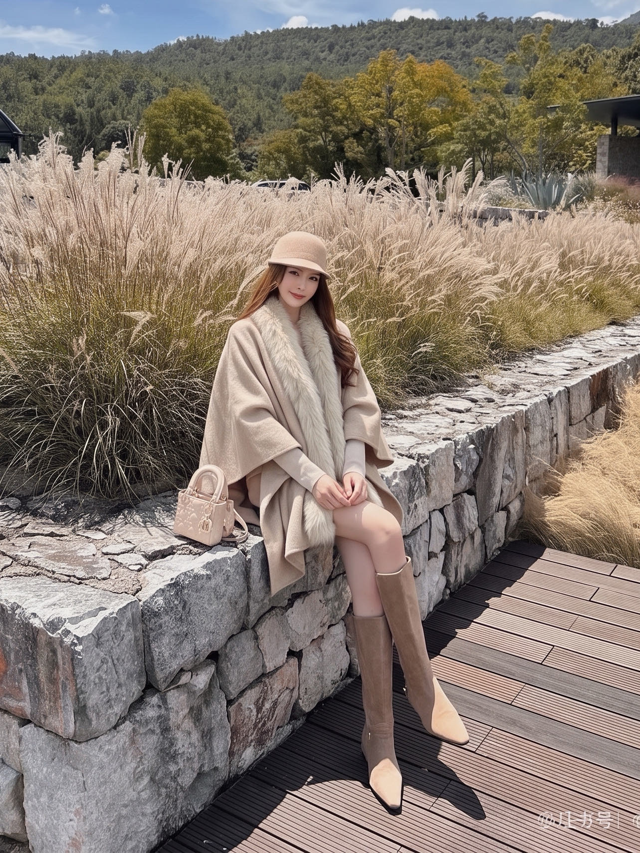 Fen 26fw fox-trim woolen cape jacket