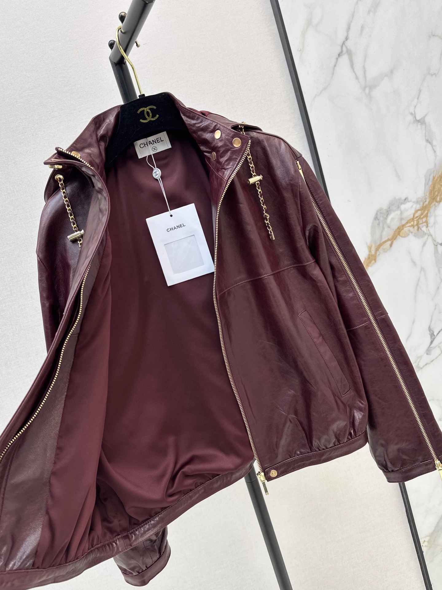 Chan 26ss leather hooded jacket