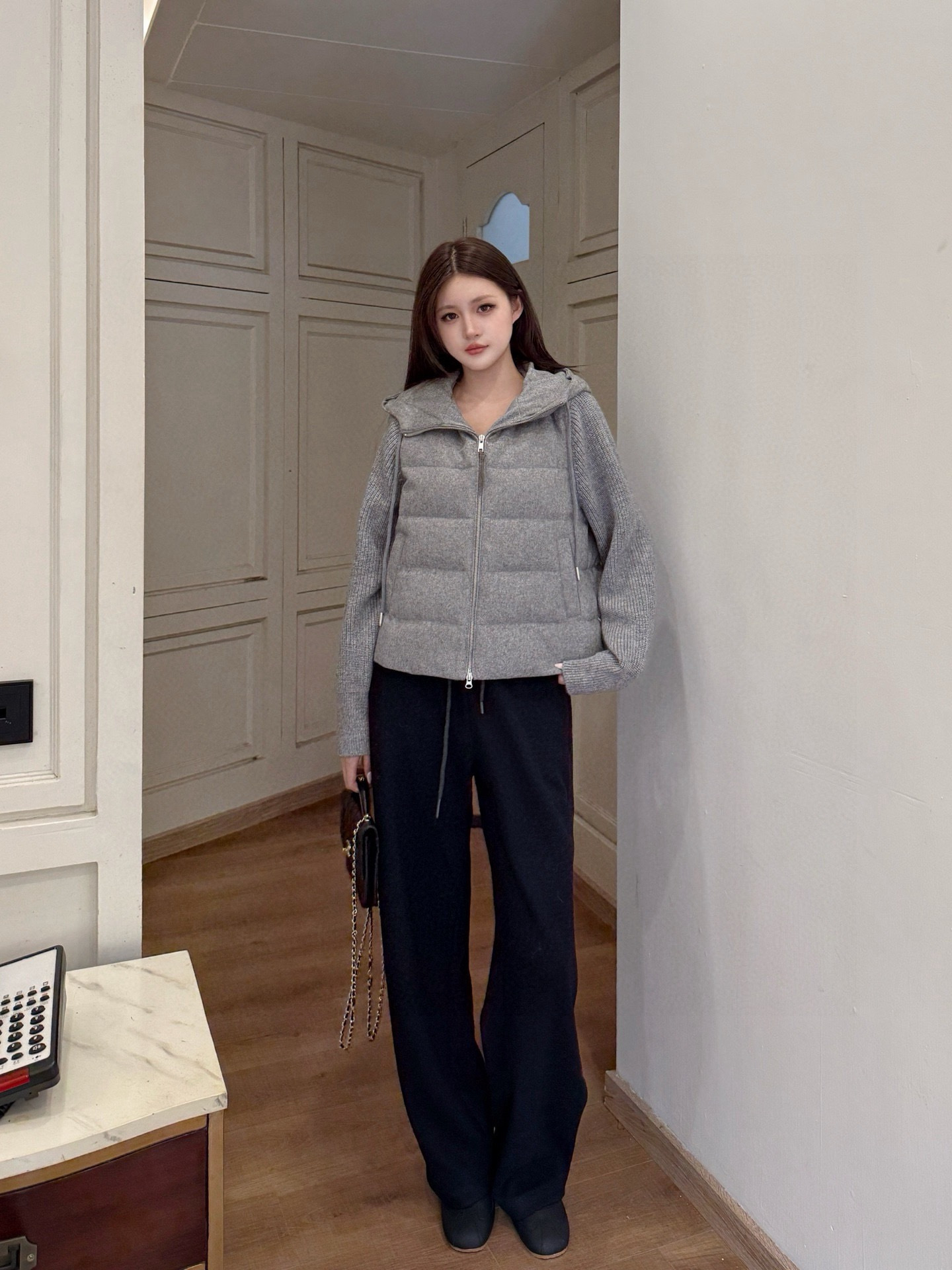 Brun 26fw knit contaract hooded down jacket