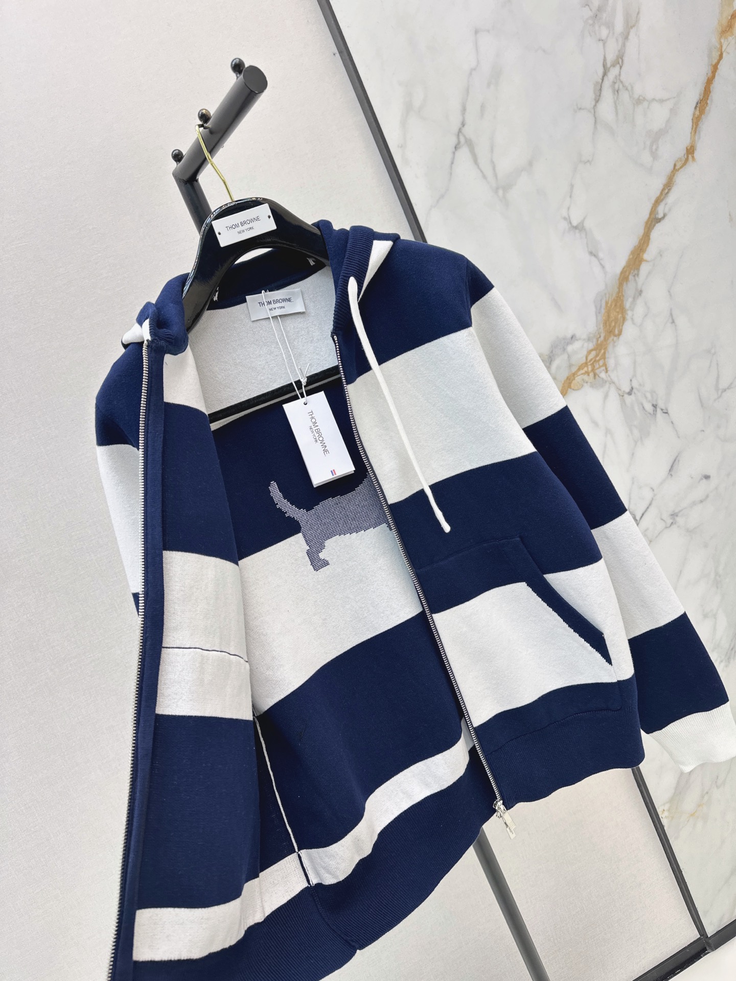 Thom 26fw stripe hooded knitwear