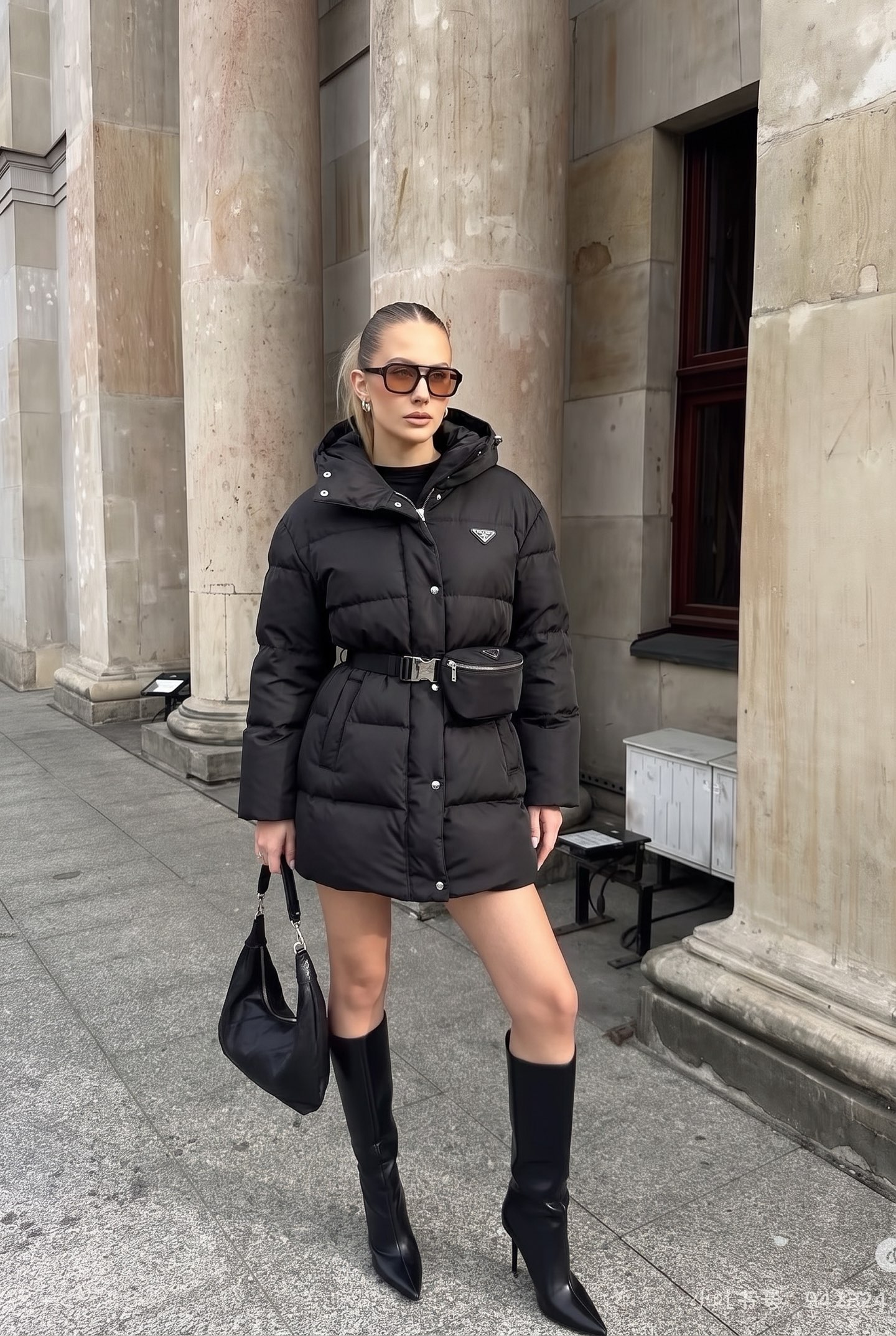 Pra 26fw hooded belted down jacket
