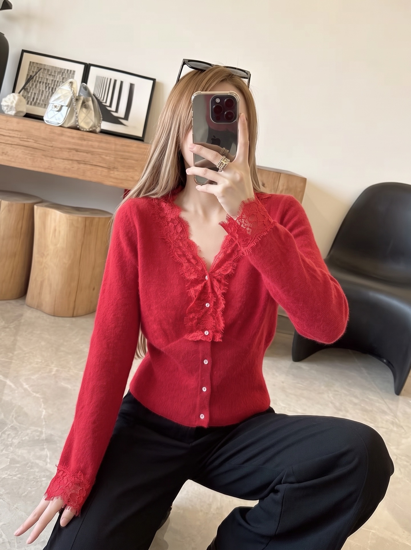 ES 26fw lace contract knit sweater