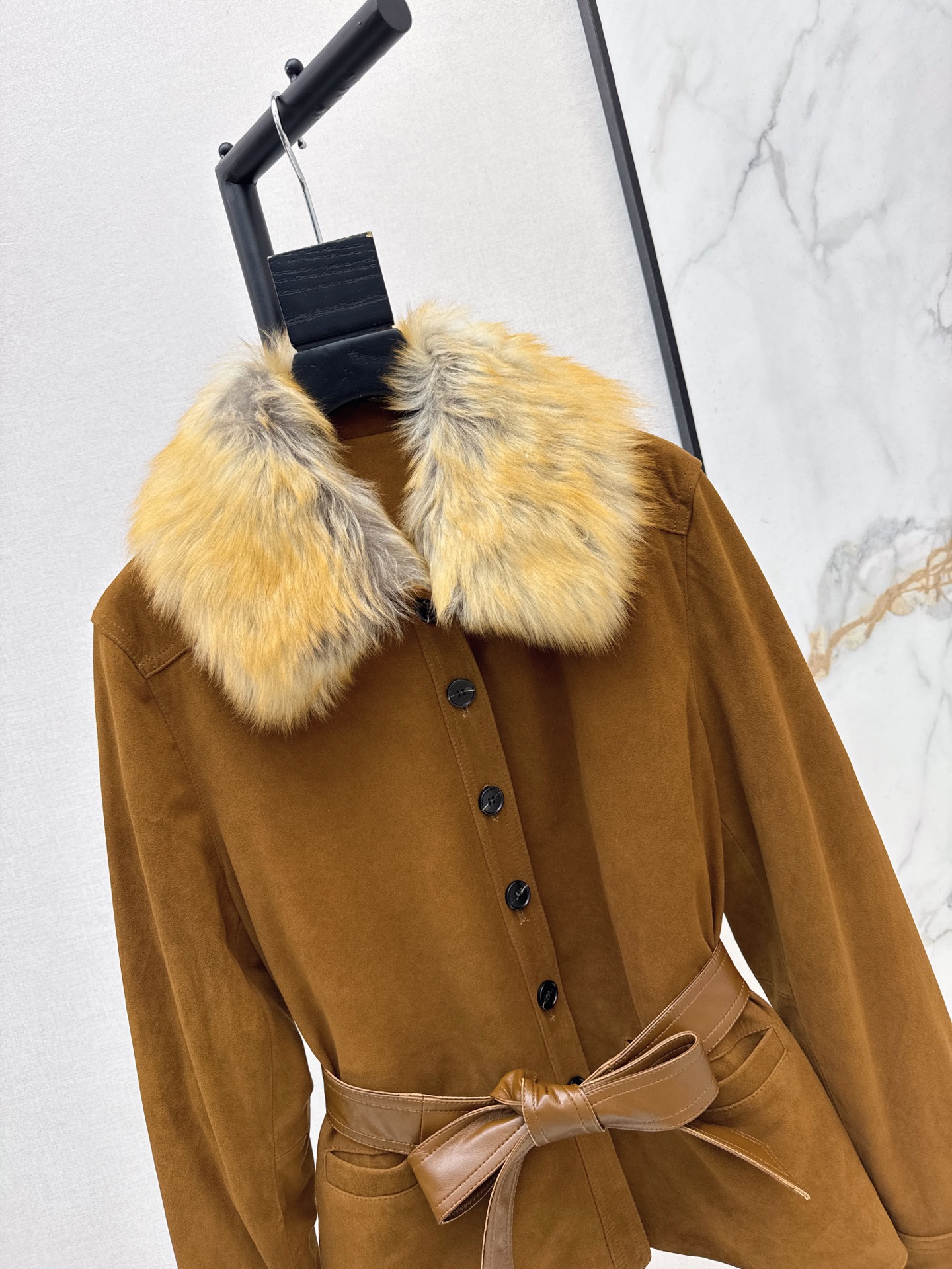 Sain 26fw suede fleece belted leather jacket