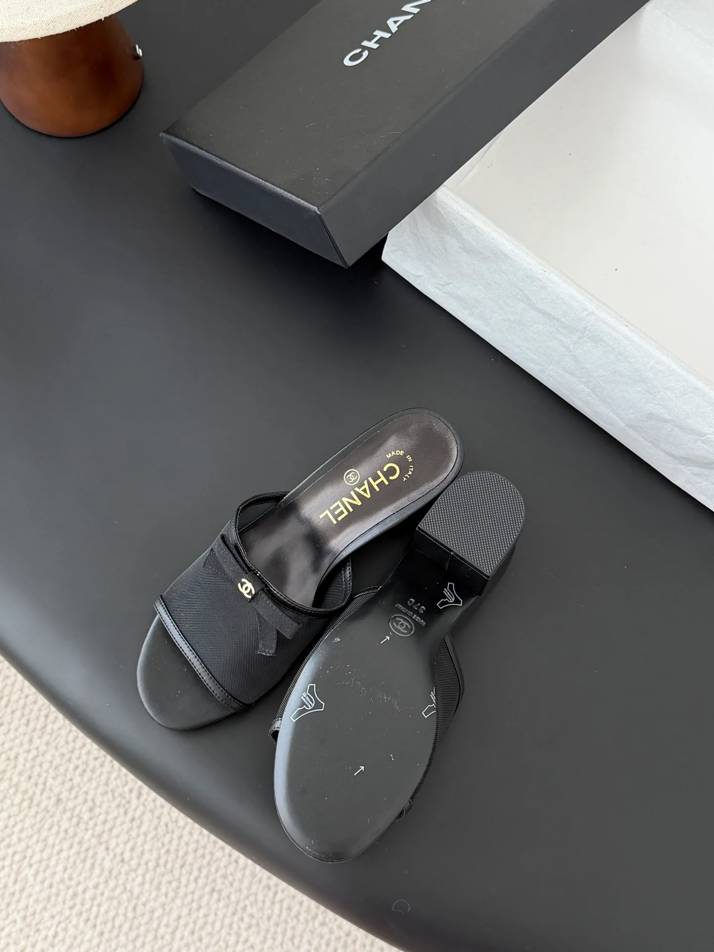 Chan 26ss bow mesh chunky heels slides