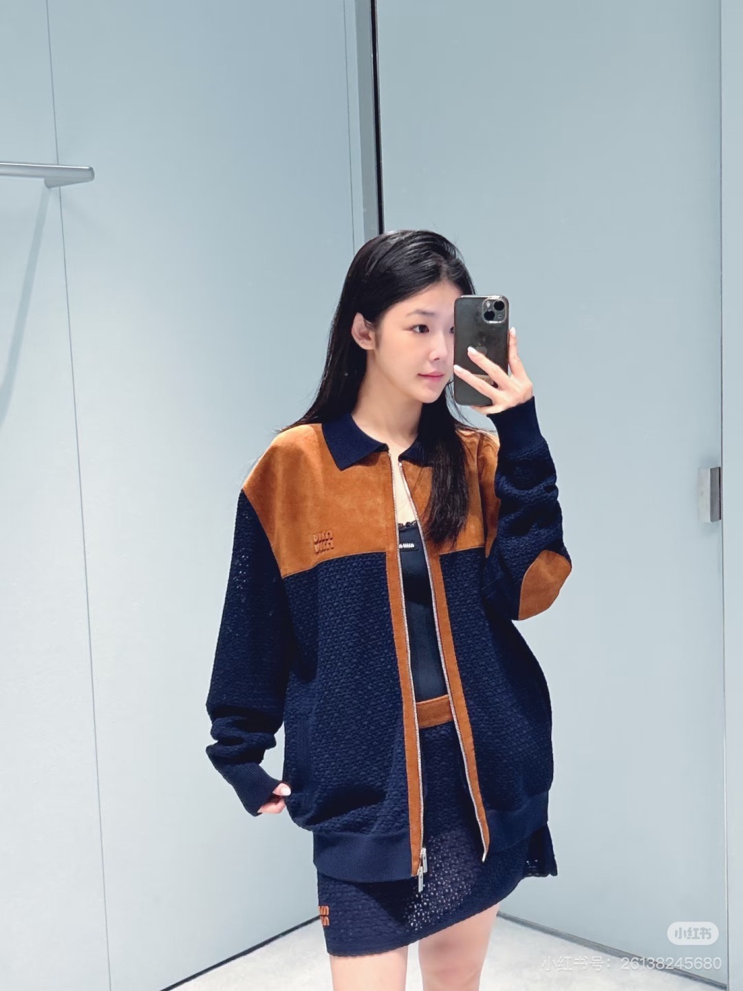 Miu 26fw suede contract knit jacket