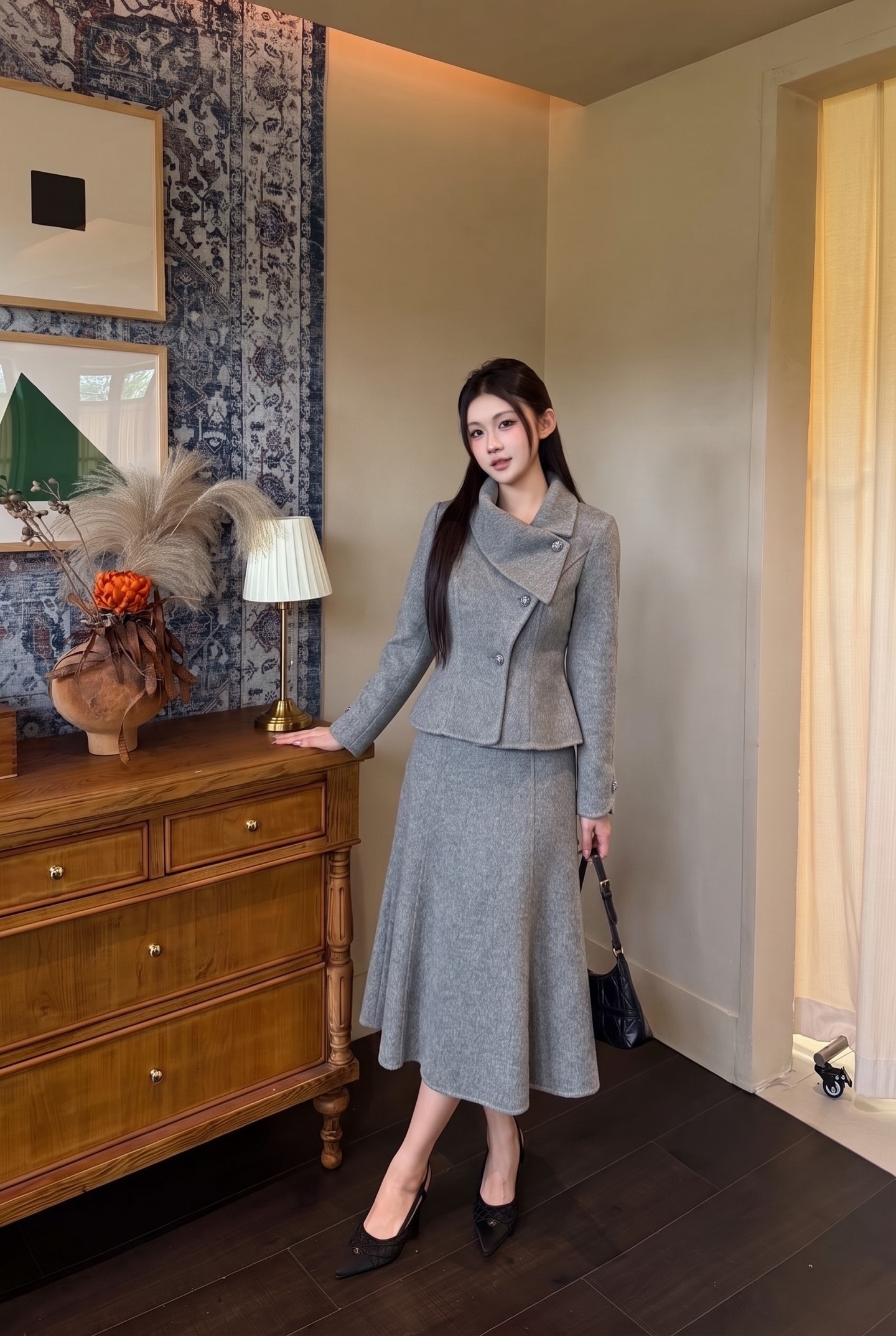 Miu 26fw woolen cropped jacket mermaid skirt sets