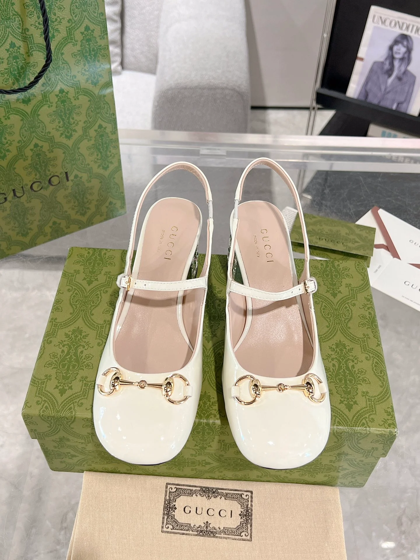 Gucc 26ss rhinestone slingback chunky heel