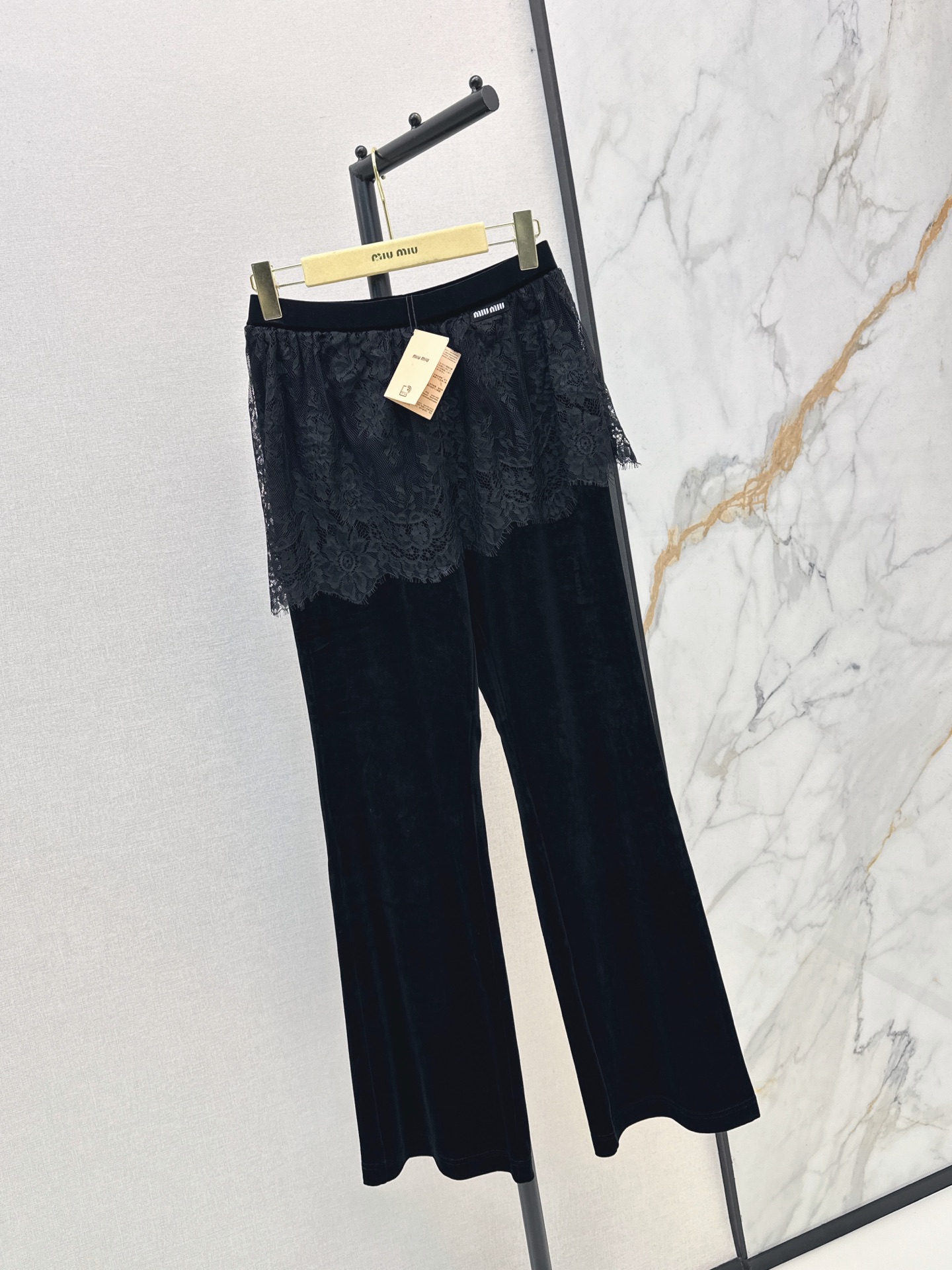 Miu 26fw lace-overlay velvet flared pants