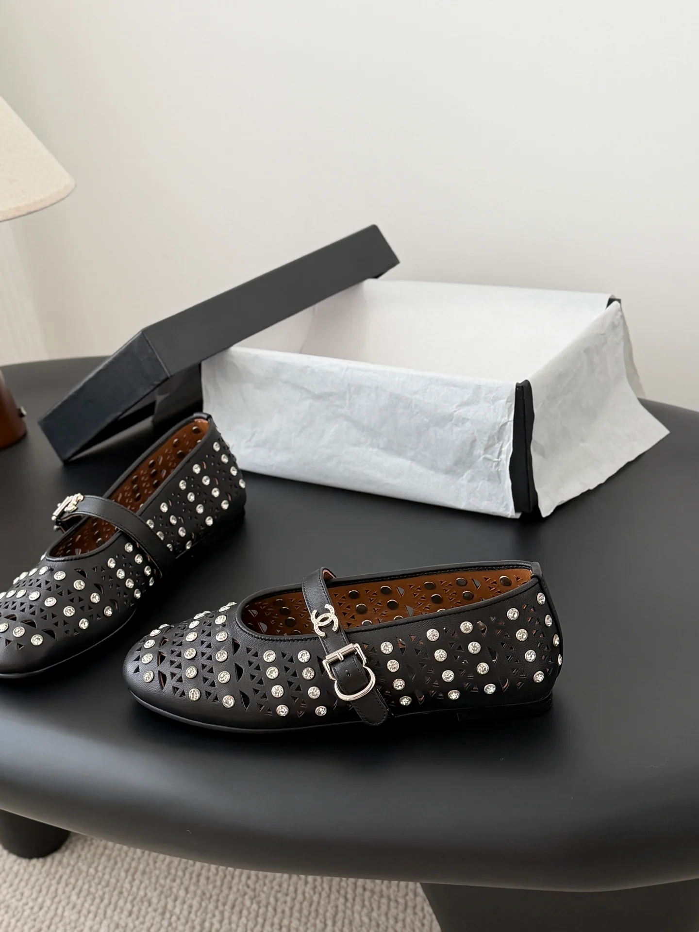 Chan 26ss mary jane hollow rhinestone shoes