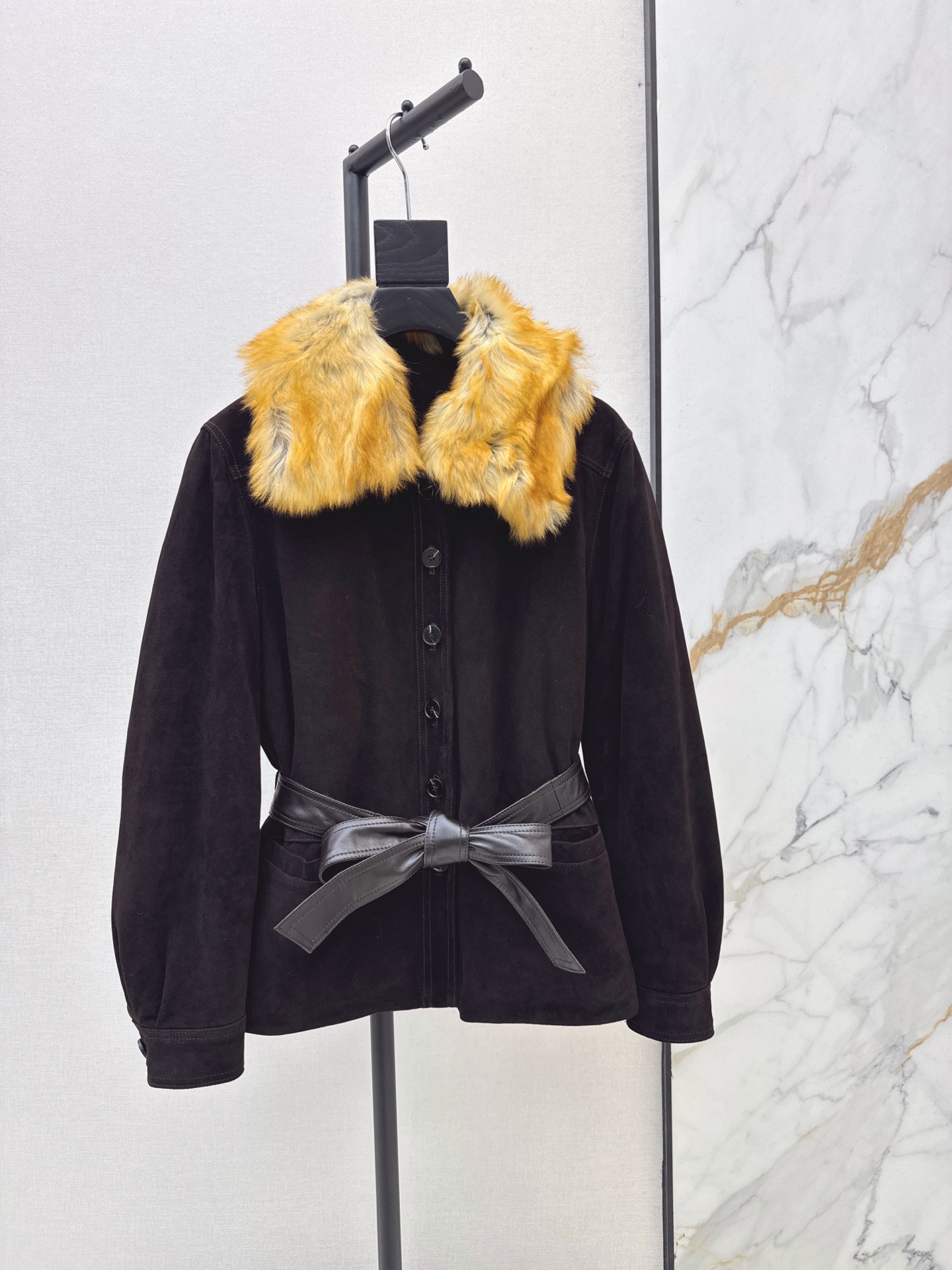 Sain 26fw suede fleece belted leather jacket