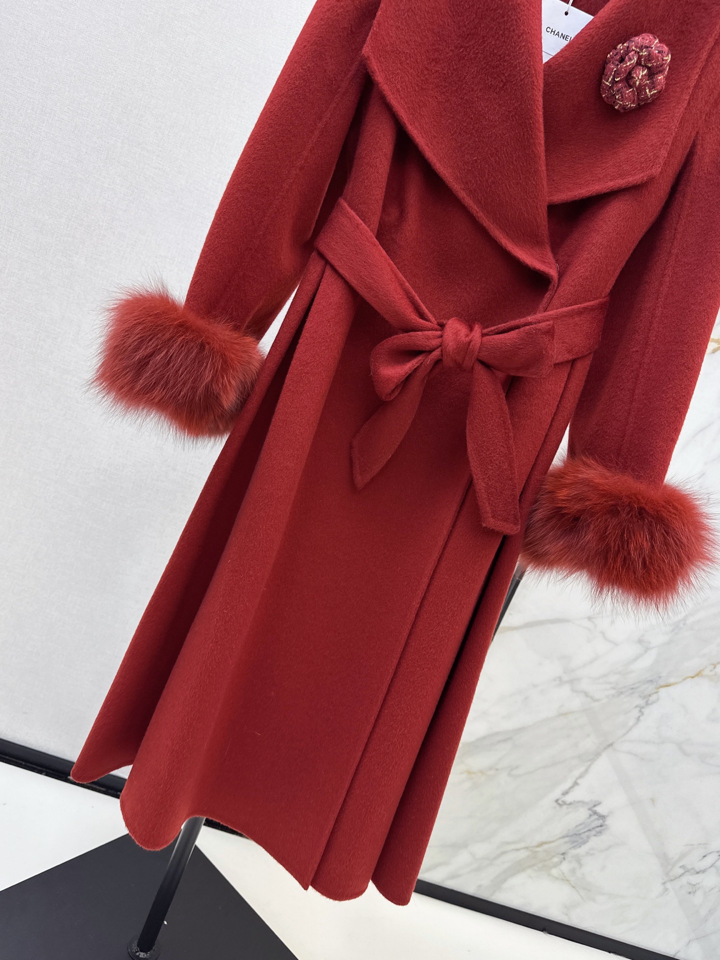 Chan 26fw belted long coat with fur-effect cuffs