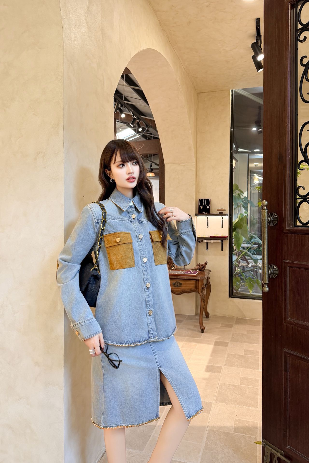 Chan 26fw suede contract denim skirt