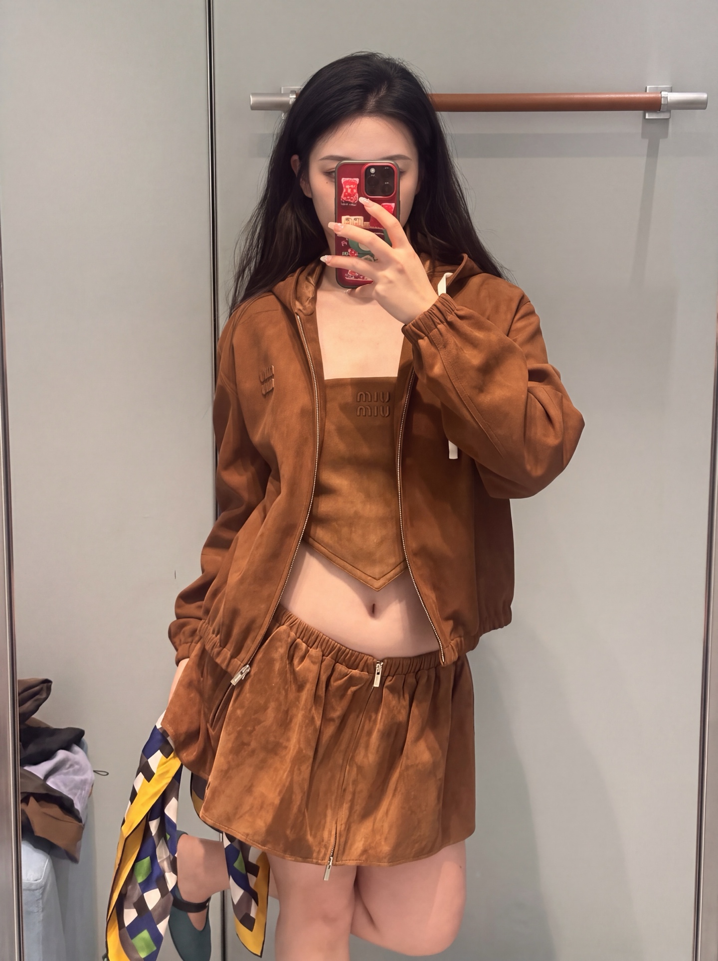 Miu 26fw suede-effetc hooded jacket