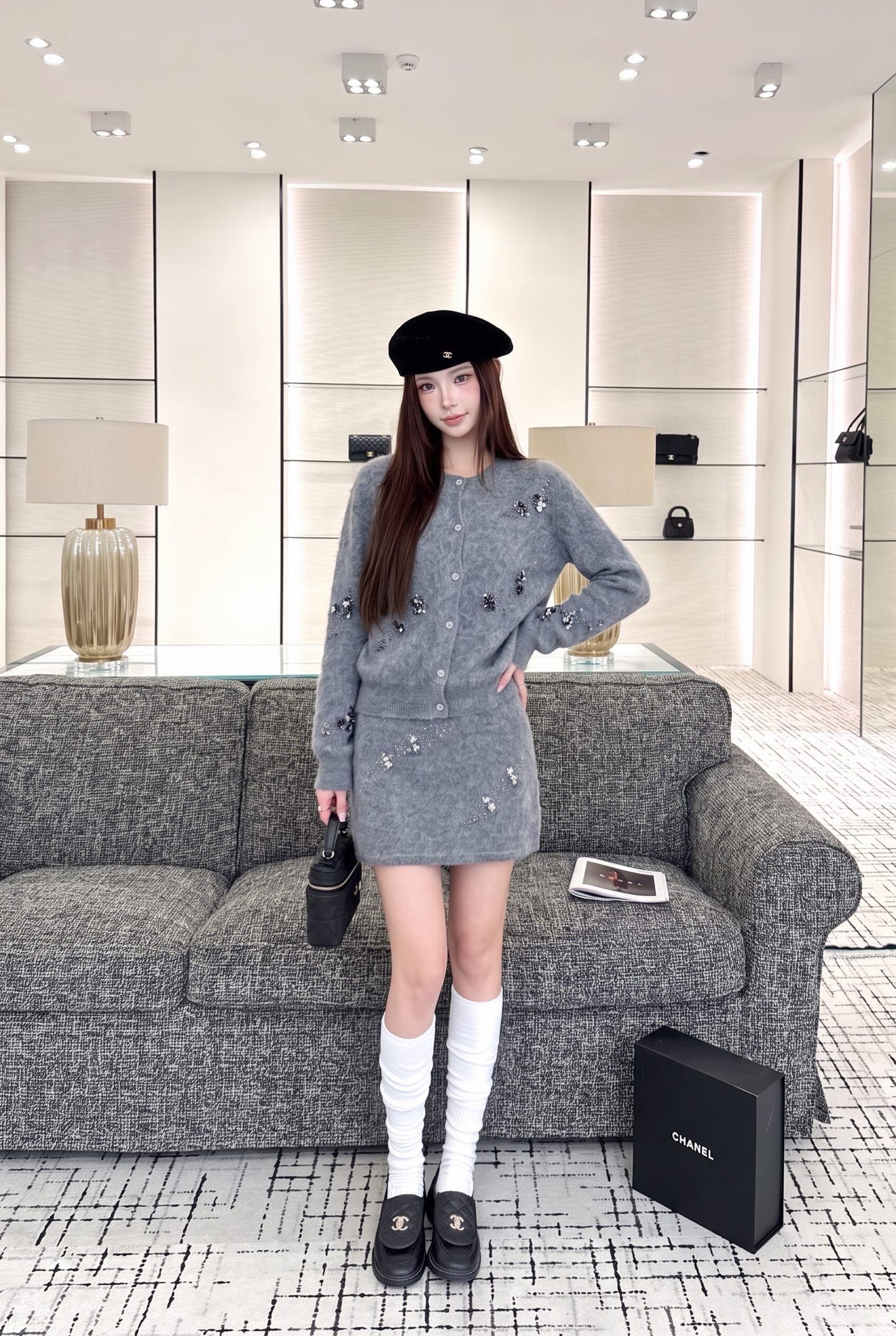 Miu 26fw beading sequin knit sweater skirt sets