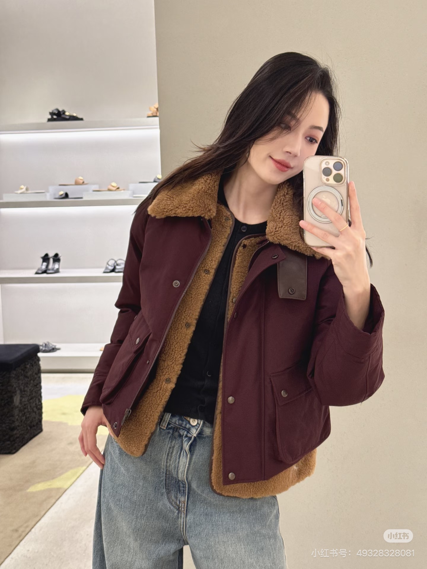 Loe 26fw sherpa-collar down jackey with detachable teddy-fleece vest