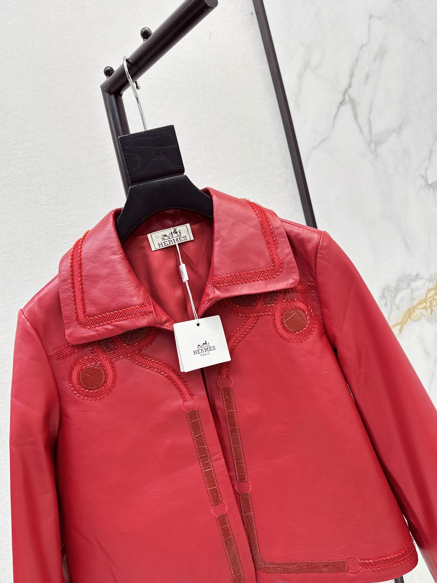 Her 26fw embroidery cropped leather jacket